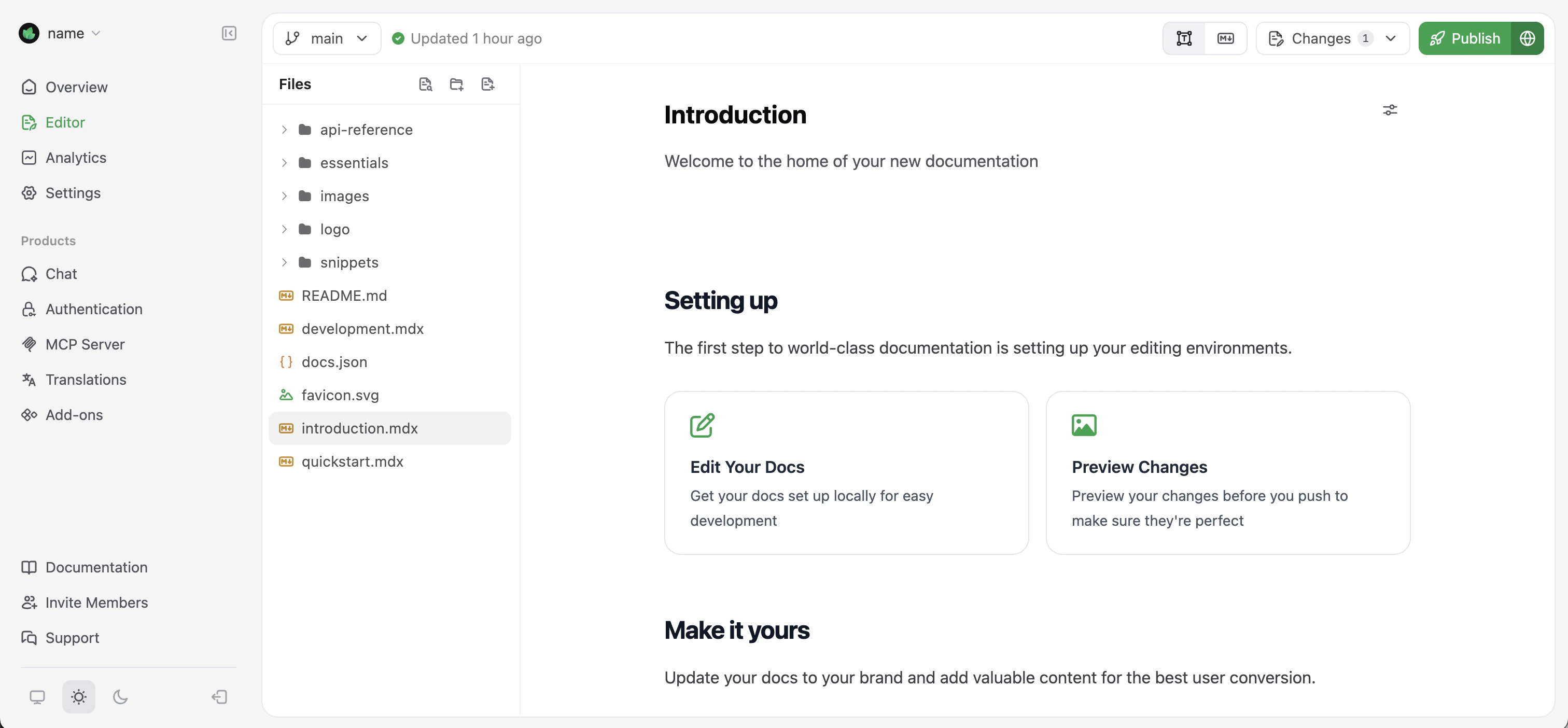 The Mintlify web editor in the visual editor mode