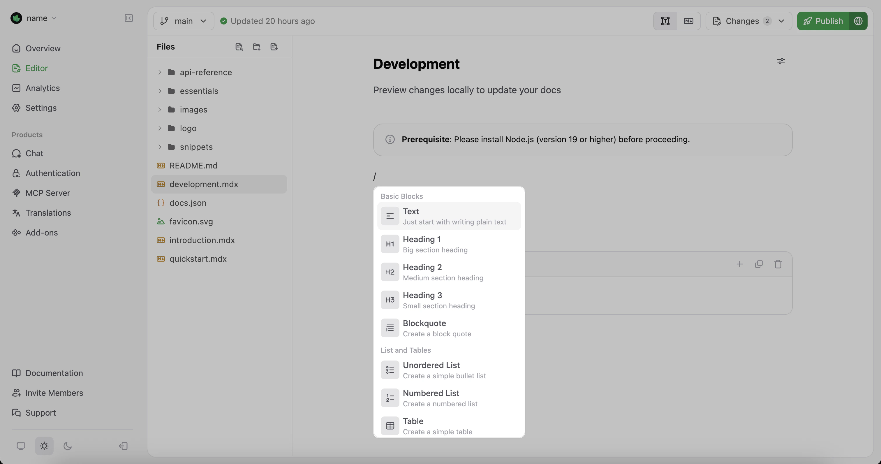 The unfurled component menu emphasized in the Mintlify visual editor