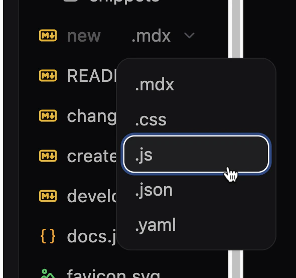 File extension menu in the visual editor in dark mode.