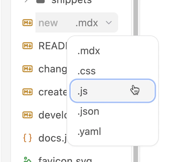 File extension menu in the visual editor.