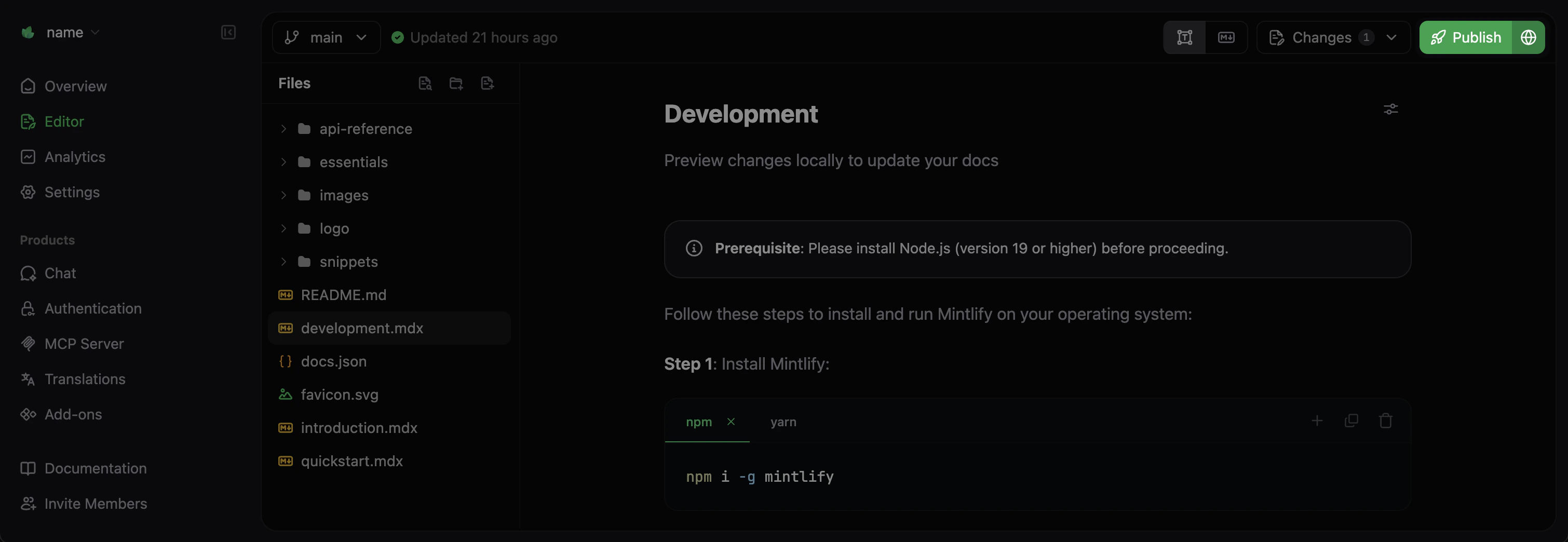 The publish button emphasized in the Mintlify visual editor
