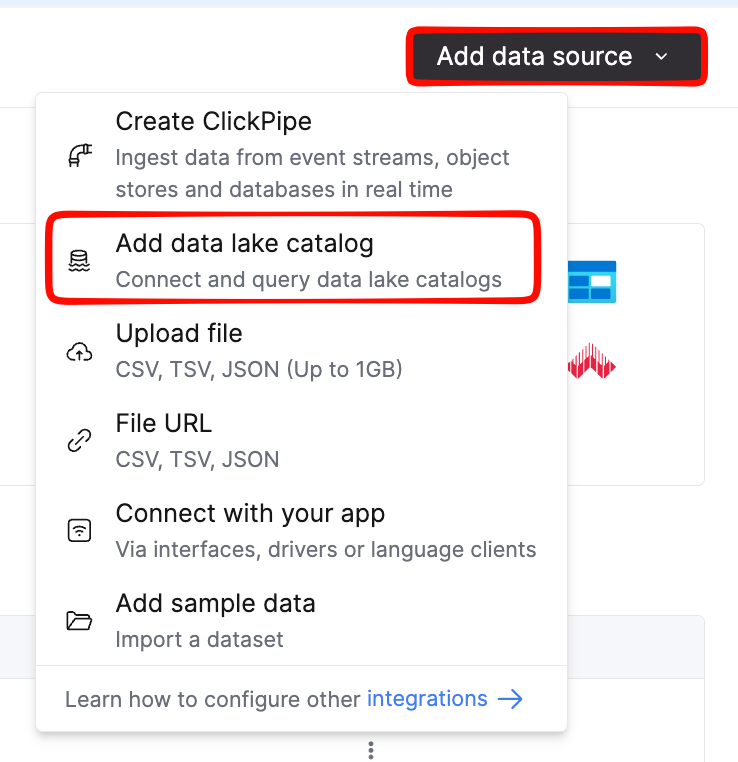 ClickHouse Cloud Data Sources page with the Add button