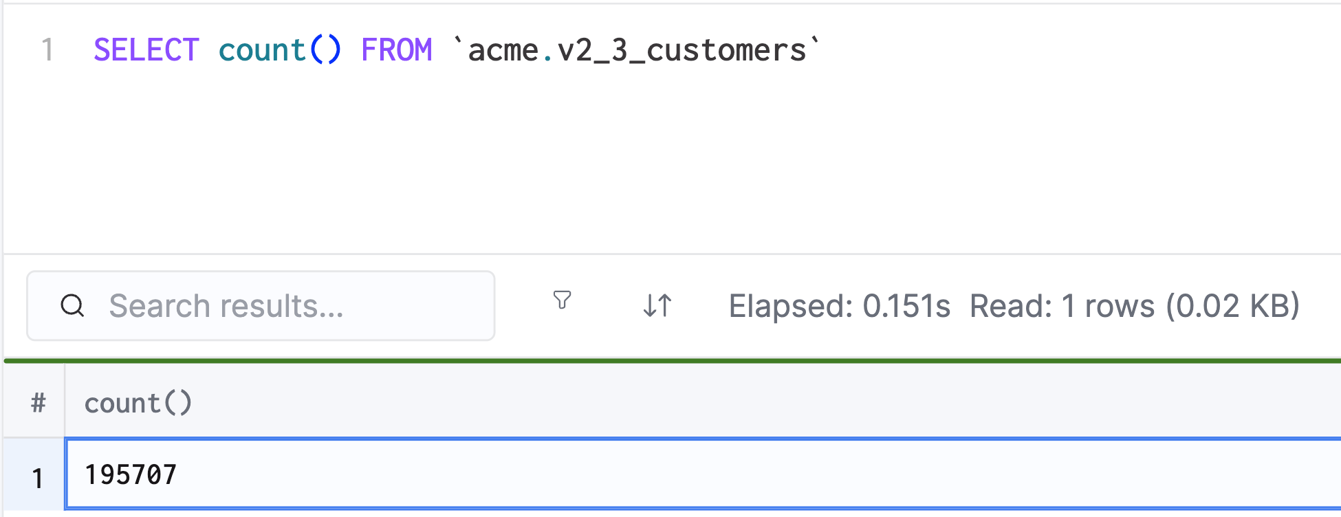 Successful row-count result in the query console