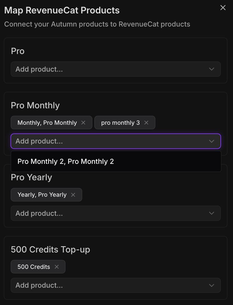 Autumn dashboard showing where to map your products to RevenueCat products