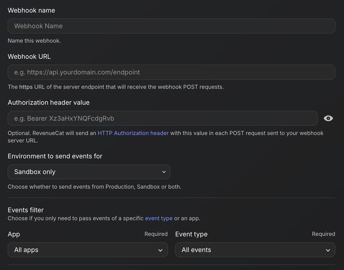 RevenueCat dashboard showing where to set up your webhook integration