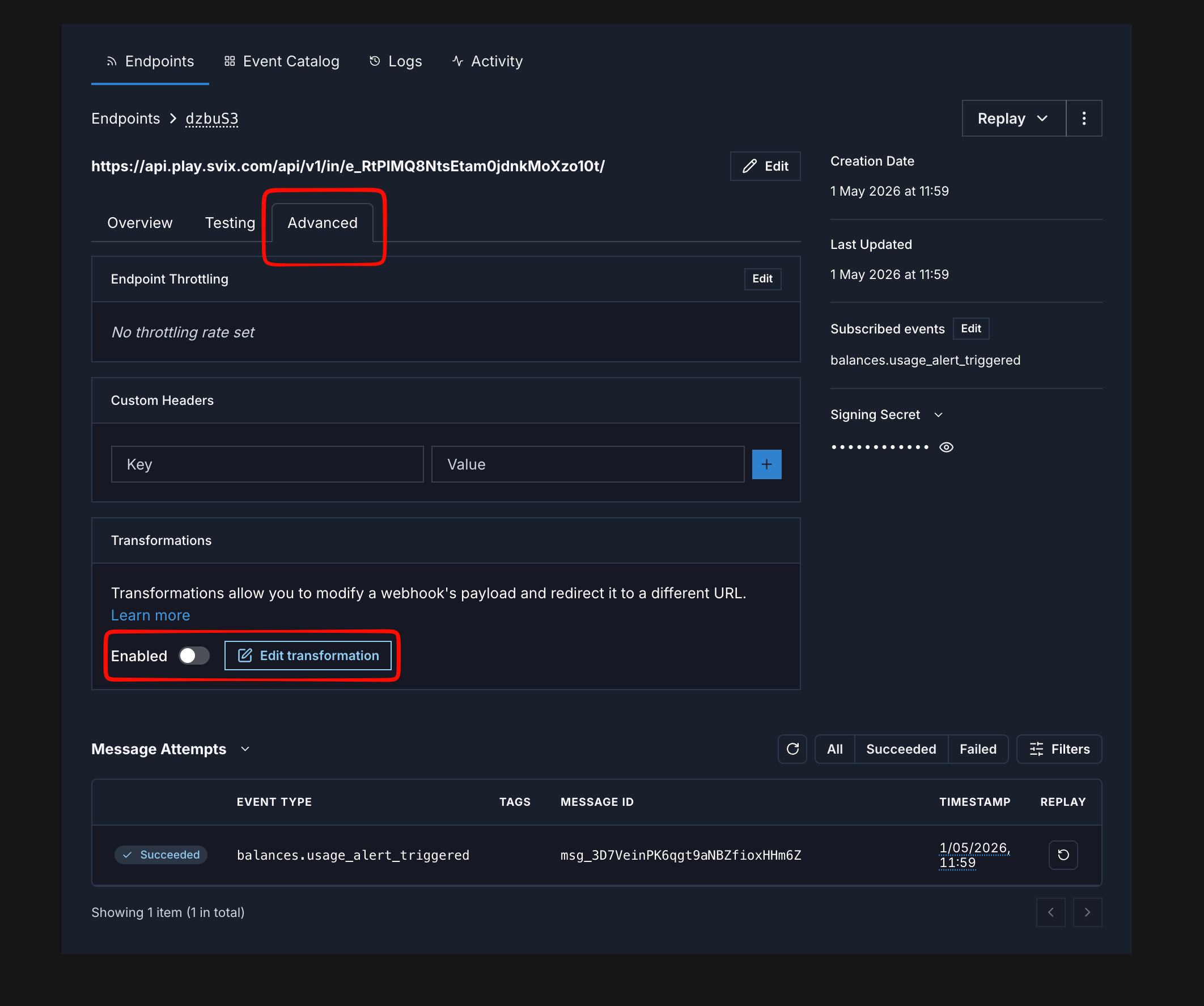 The Advanced tab on a webhook endpoint, showing the Edit transformation button