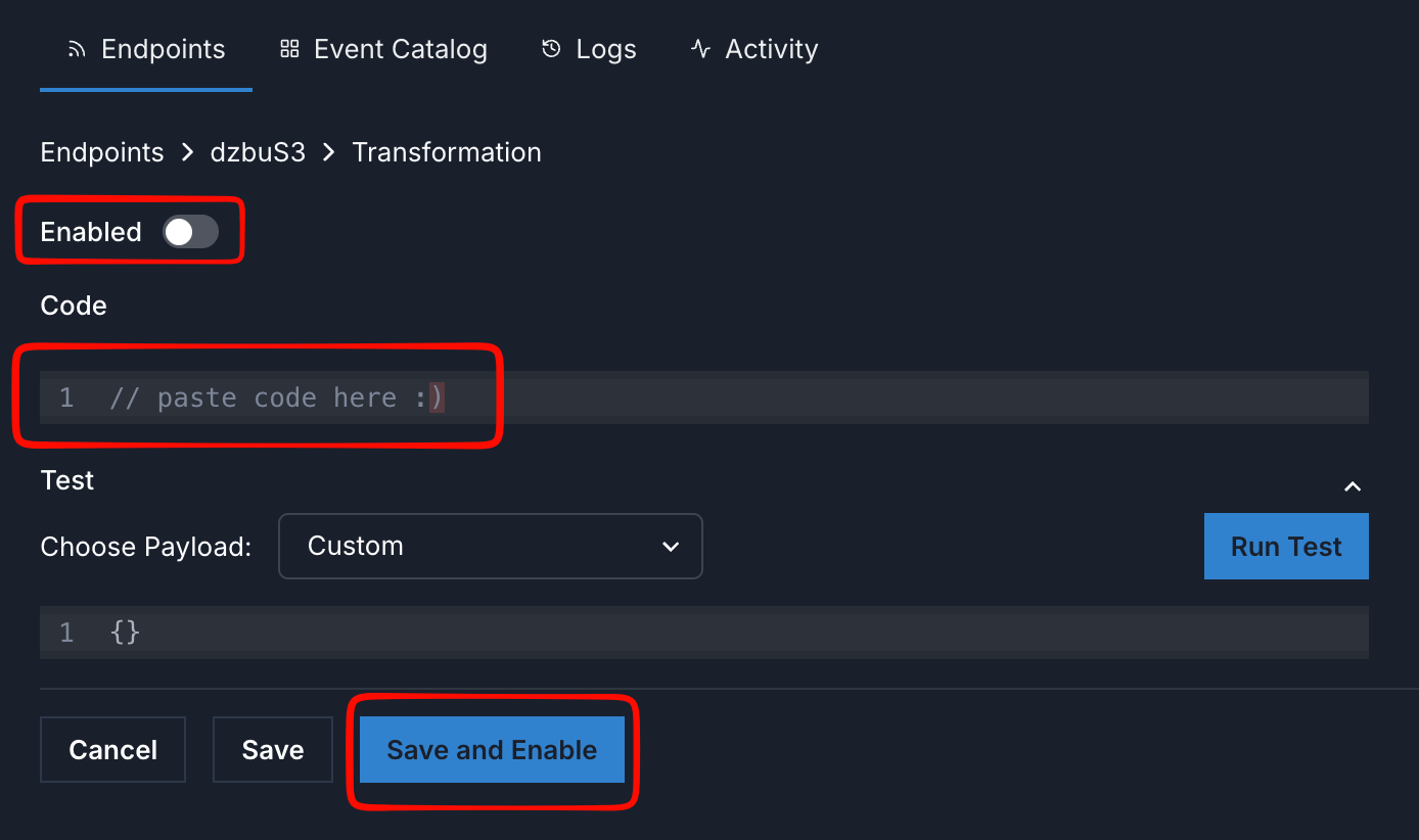 The transformation editor with the Enabled toggle, code area, and Save and Enable button highlighted