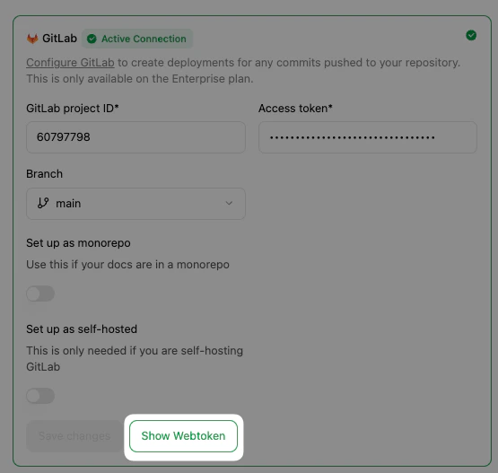 Capture d’écran de la connexion GitLab dans le Tableau de bord Mintlify. Le bouton Show Webtoken est mis en évidence.