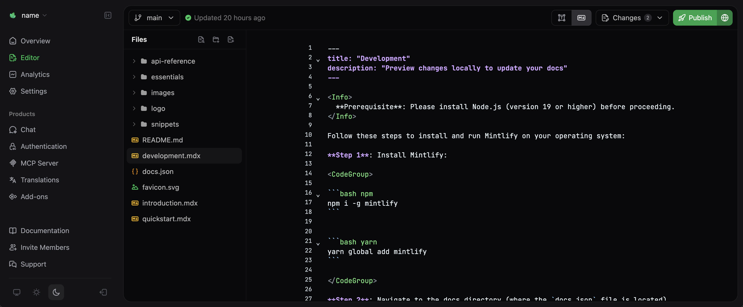 Mintlify 可视化编辑器中的 Markdown 模式