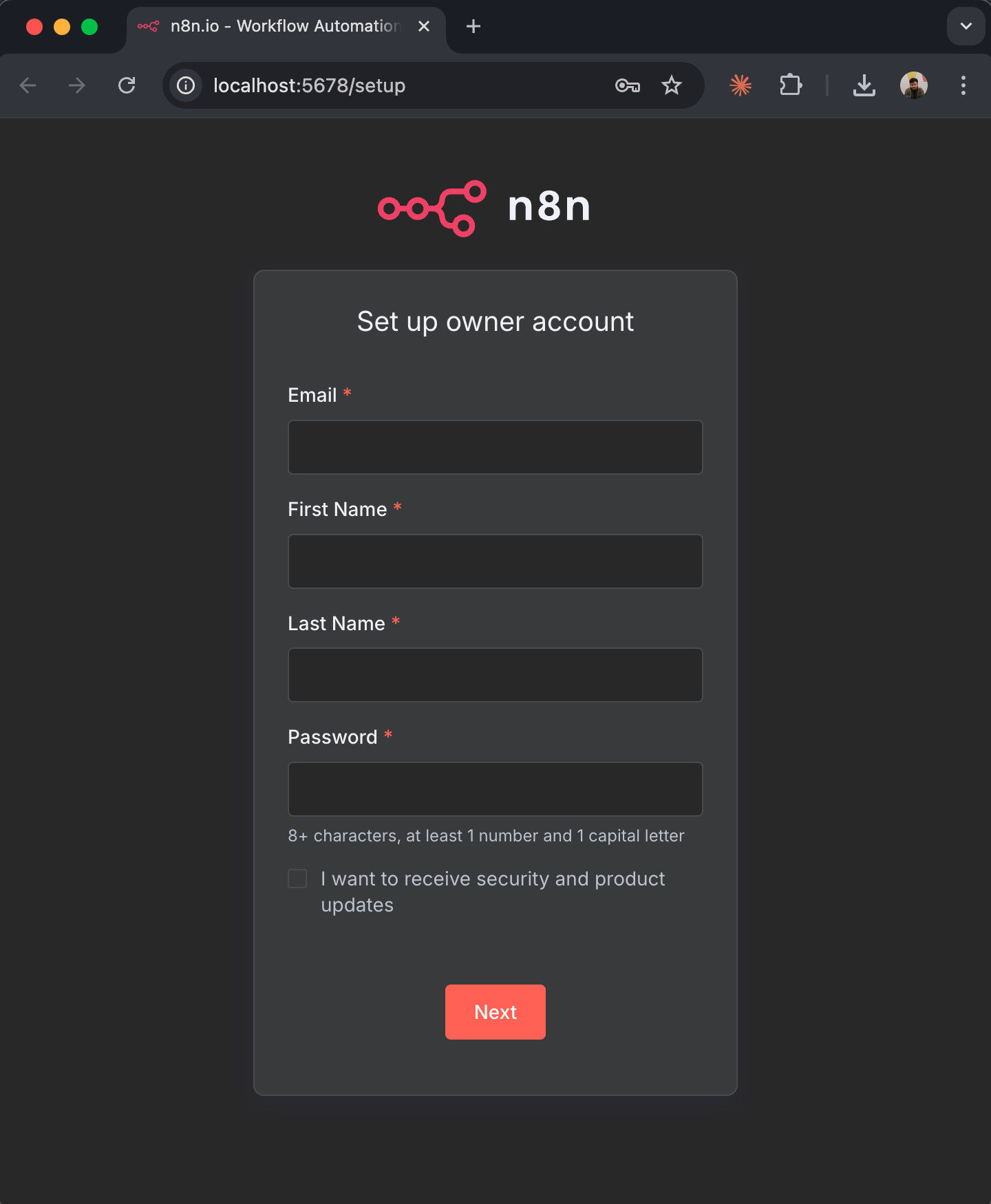 n8n self-hosted welcome screen at localhost:5678