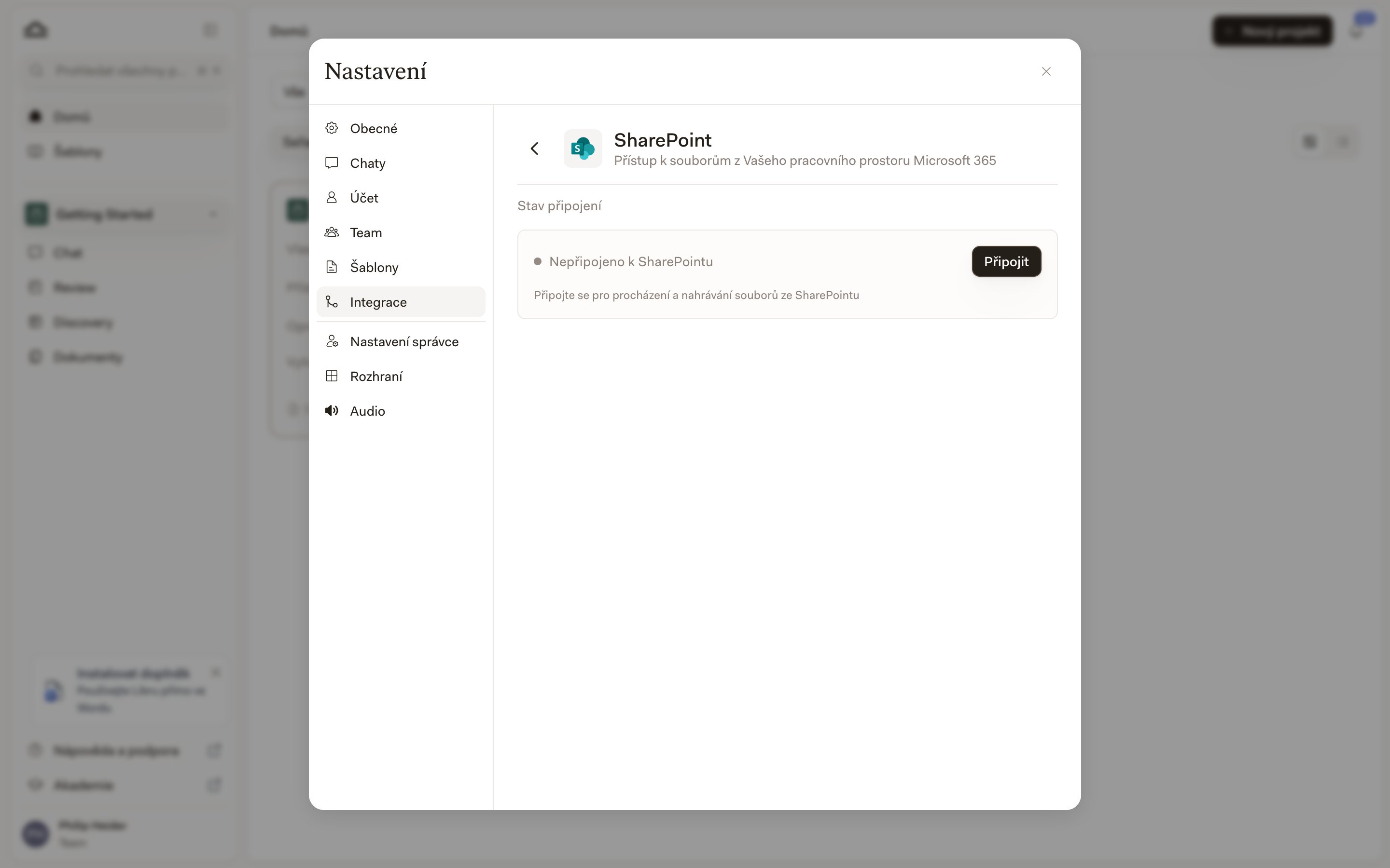 Panel integrace SharePoint zobrazující Stav připojení jako Nepřipojeno ke službě SharePoint, s tlačítkem Připojit