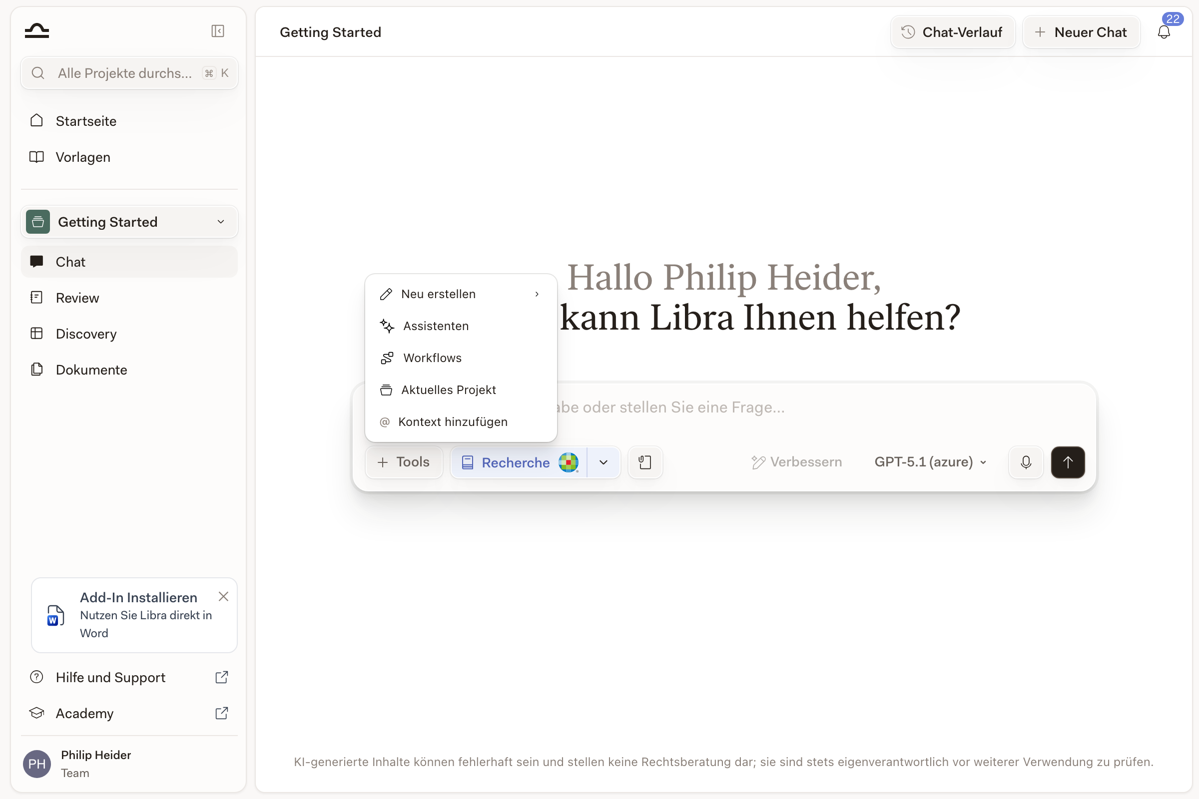 Geöffnetes Tools-Menü in einem Libra-Chat mit hervorgehobenem Eintrag Assistants