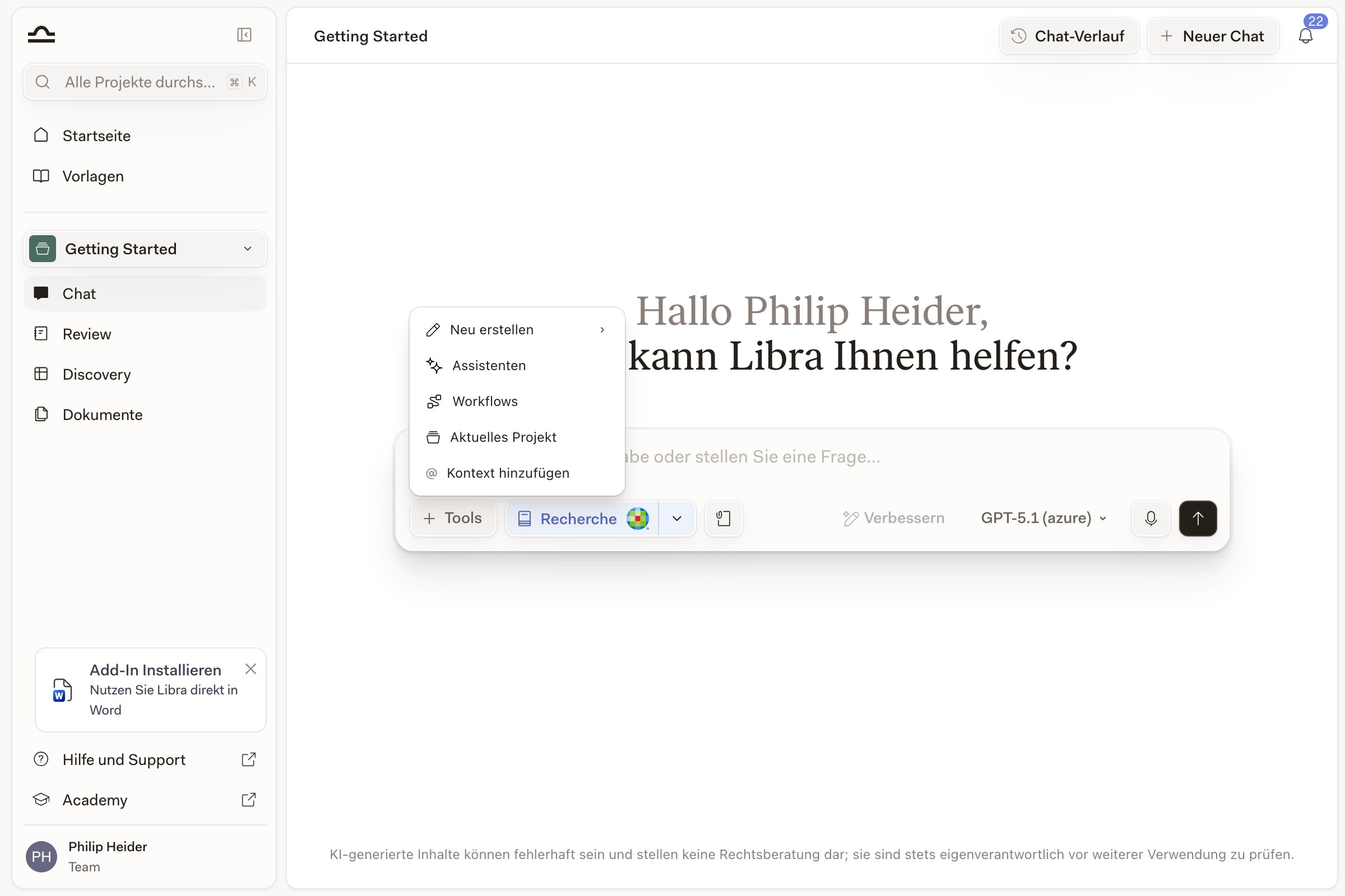 Geöffnetes Tools-Menü in einem Libra-Chat mit hervorgehobenem Eintrag Assistants