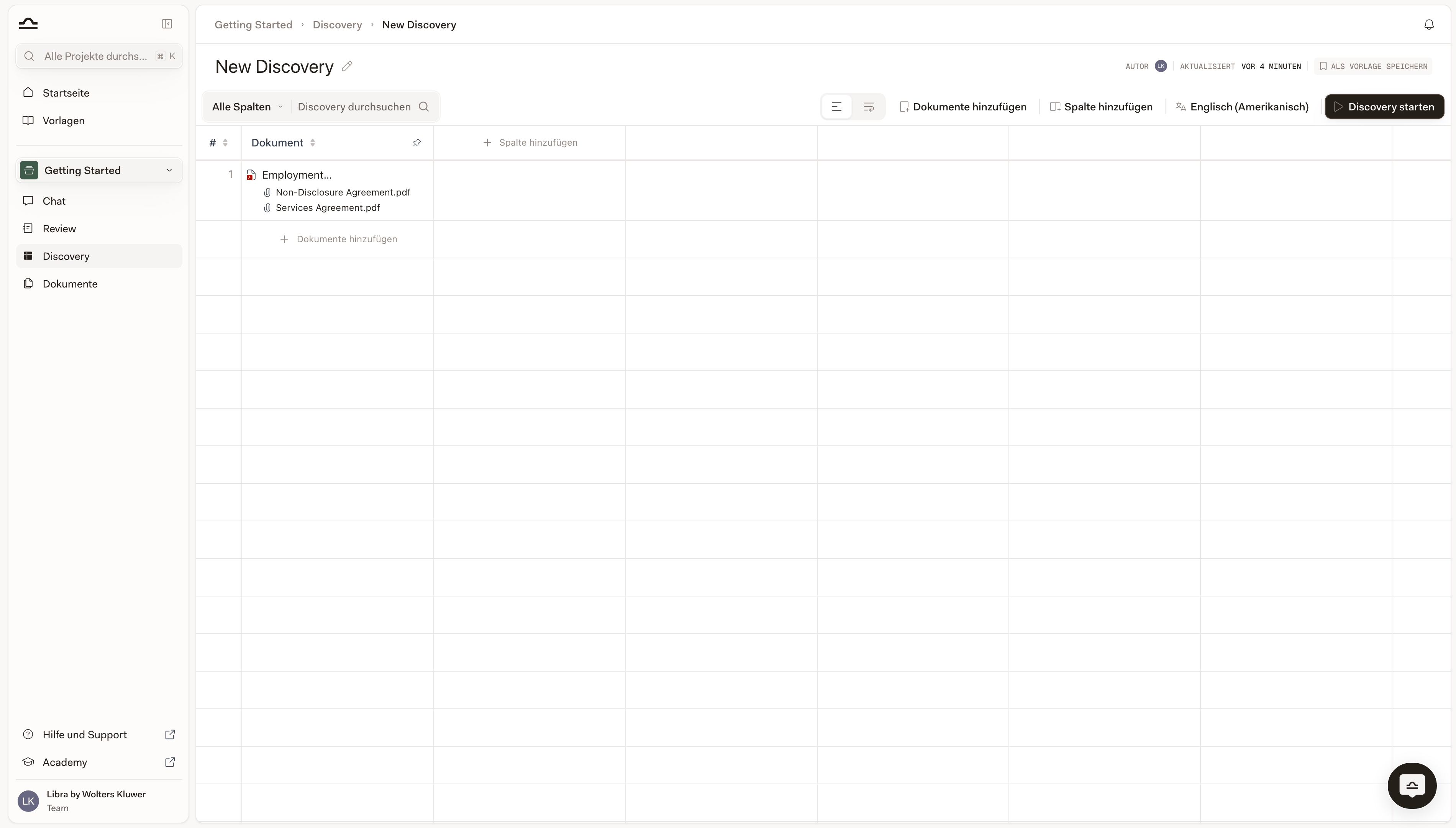 Discovery-Tabelle mit hinzugefügten Dokumenten und bereiter Schaltfläche „Discovery starten”