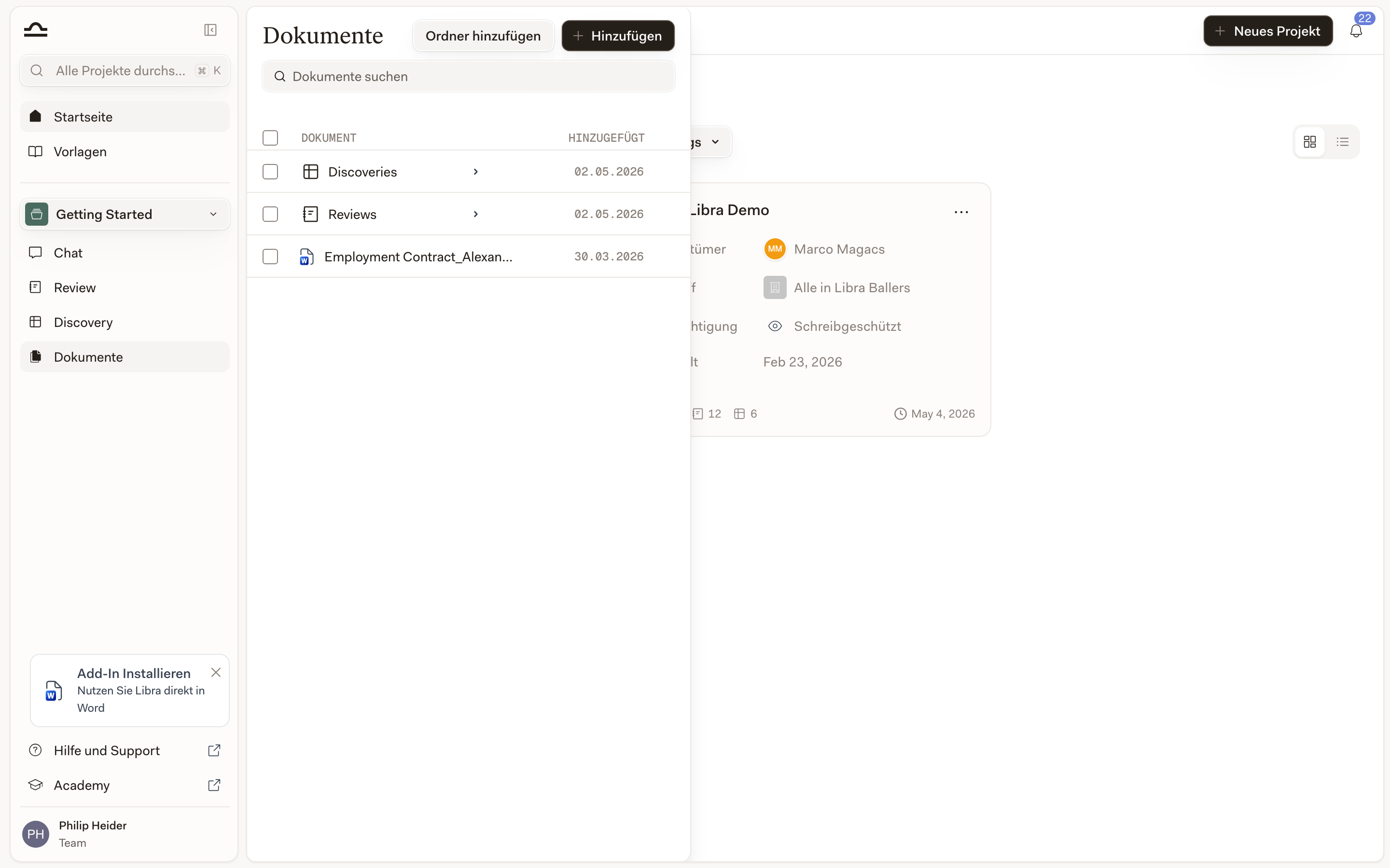 Das Panel Projektdateien in einem Libra-Projekt