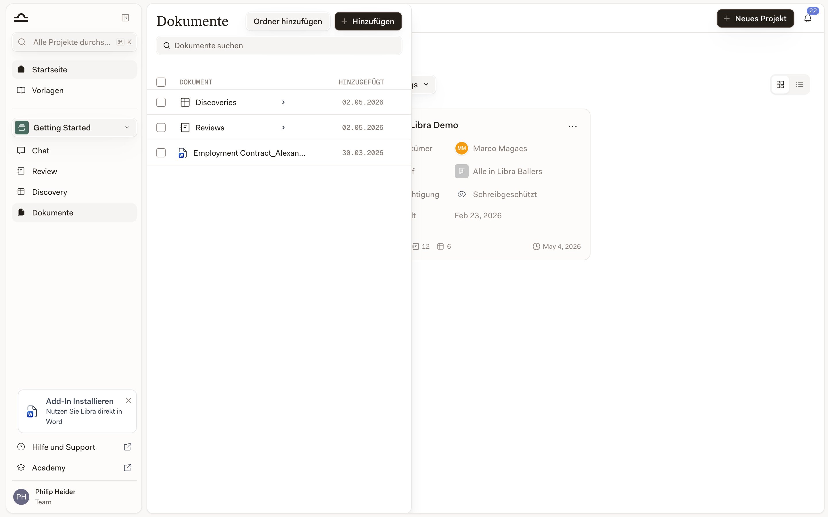 Das Panel Projektdateien in einem Libra-Projekt