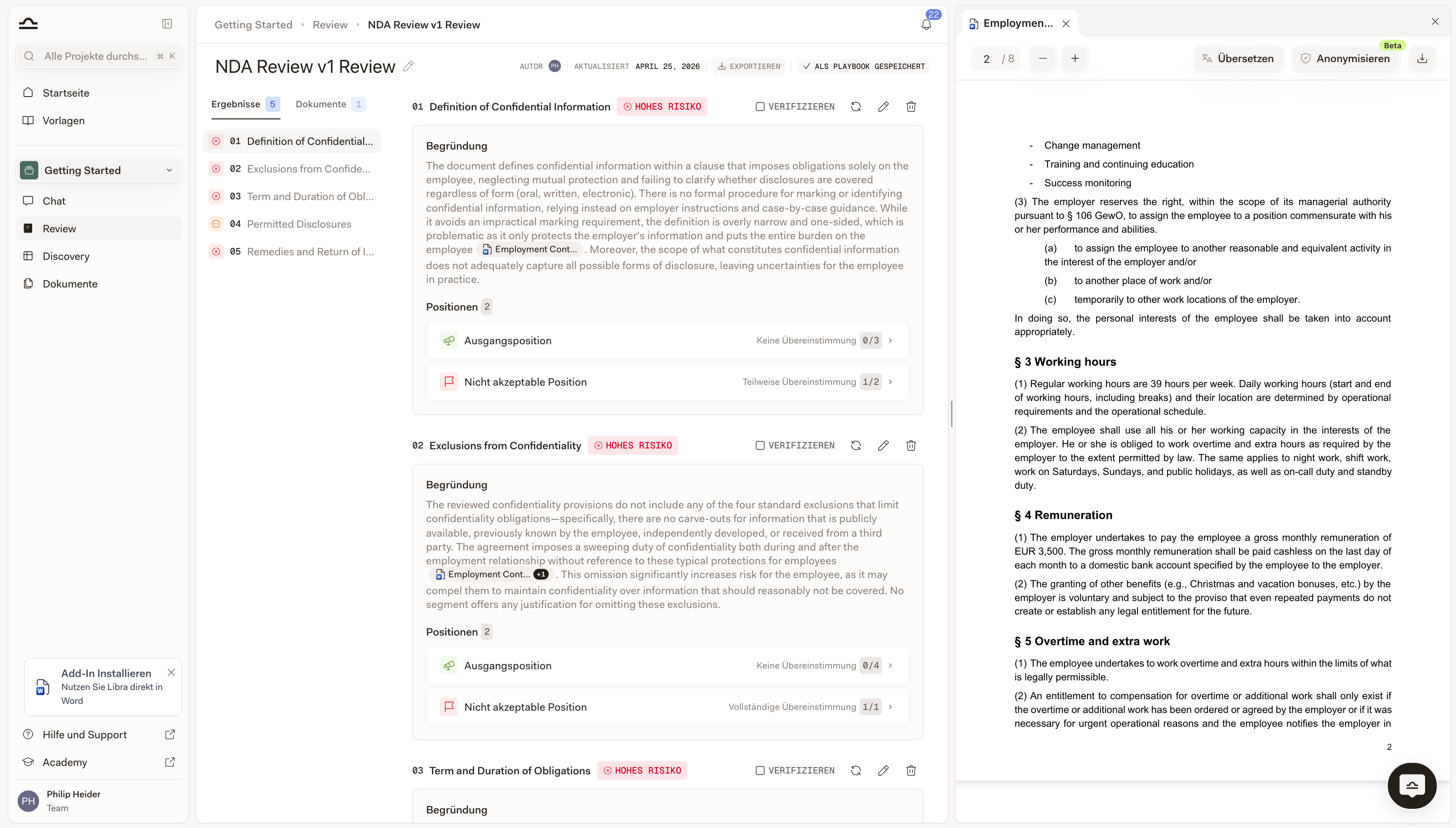 Vollbild-Review-Ansicht mit nummerierten Themen, Begründungen, Positionen und Risiko-Badges
