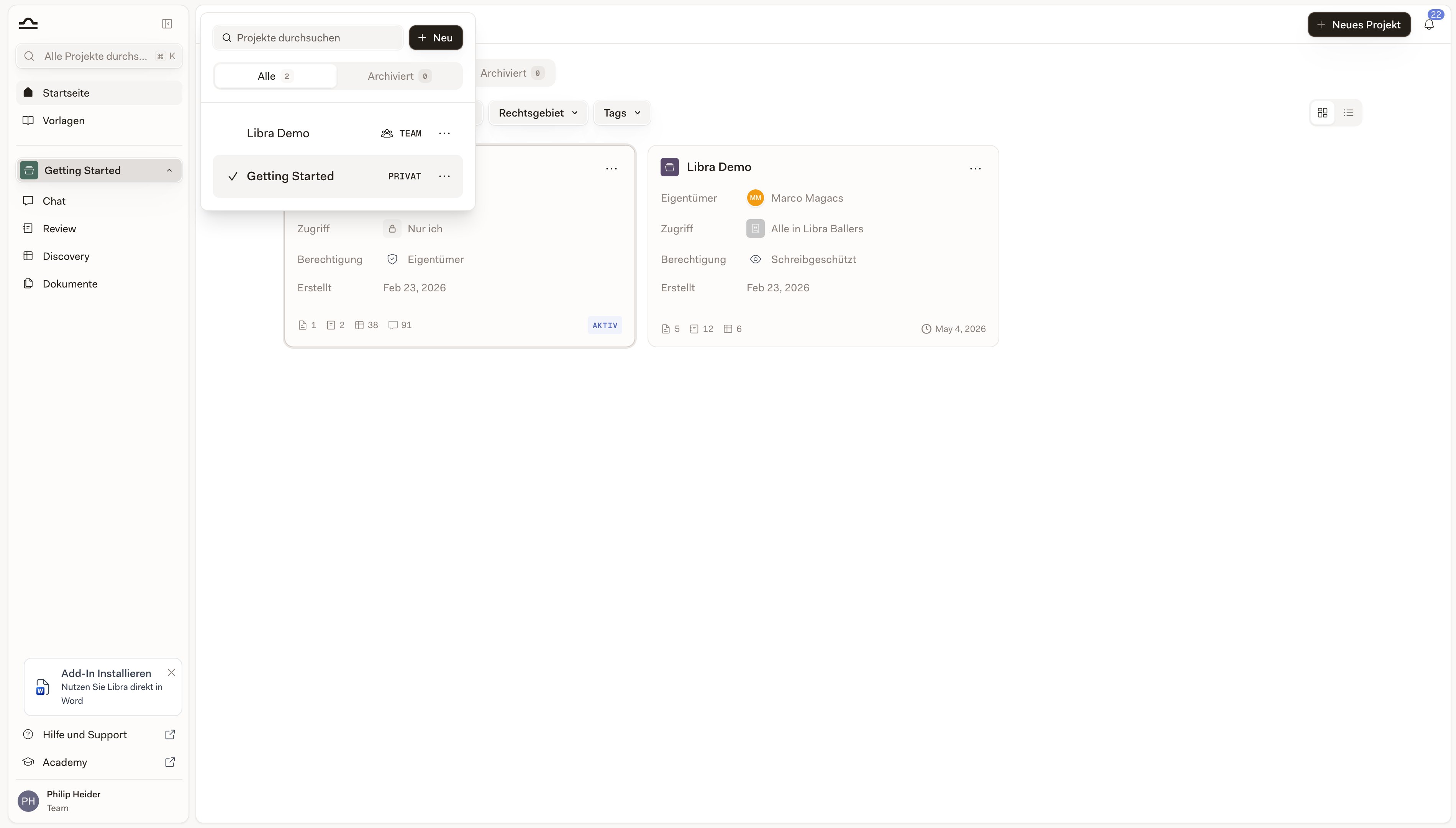 Libra-Seitenleiste, aufgeteilt in einen globalen Block oben und die Einträge des aktiven Projekts darunter