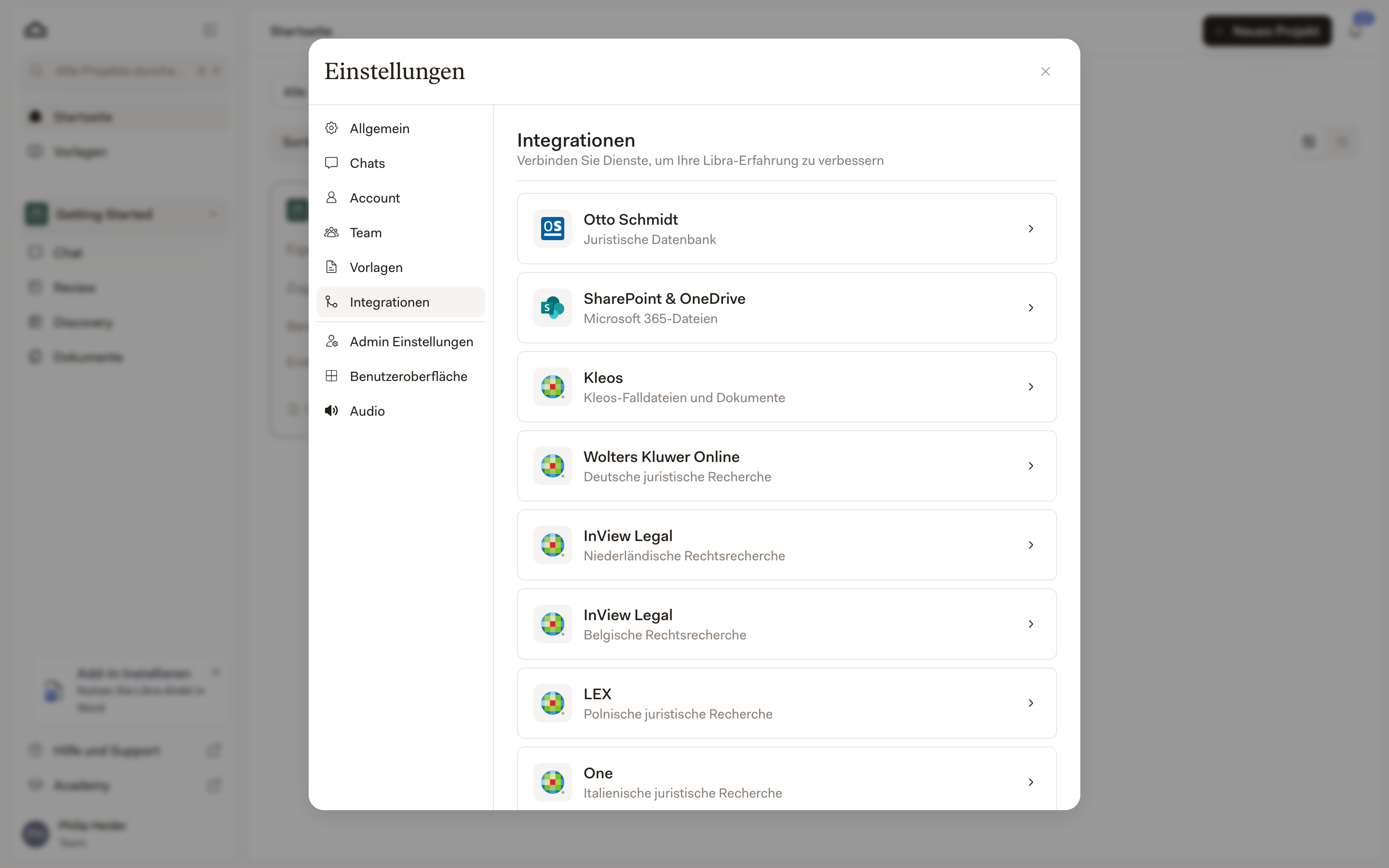Einstellungen → Integrationen mit der Otto Schmidt-Karte ganz oben in der Liste der Konnektoren