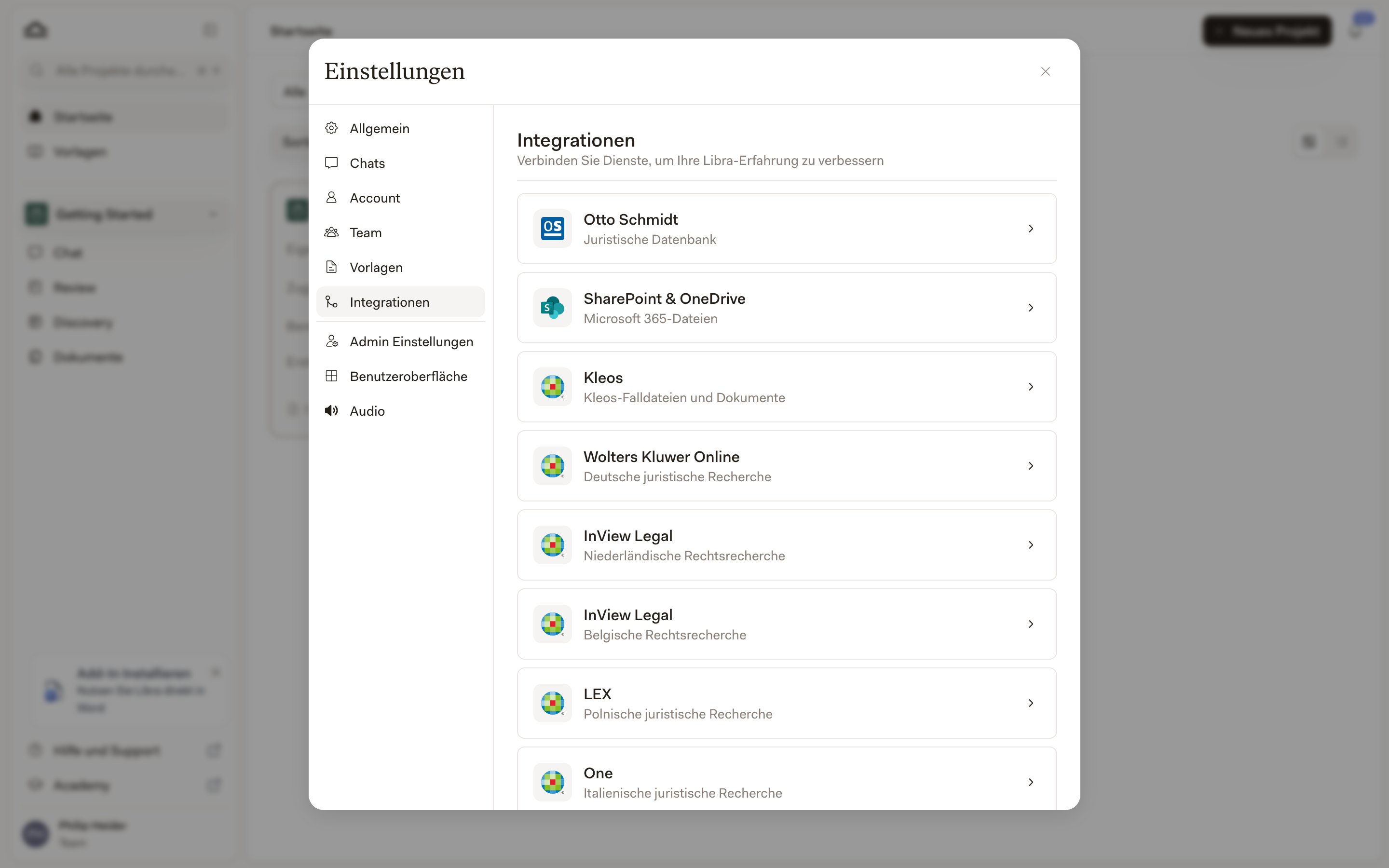 Einstellungen → Integrationen mit der Otto Schmidt-Karte ganz oben in der Liste der Konnektoren
