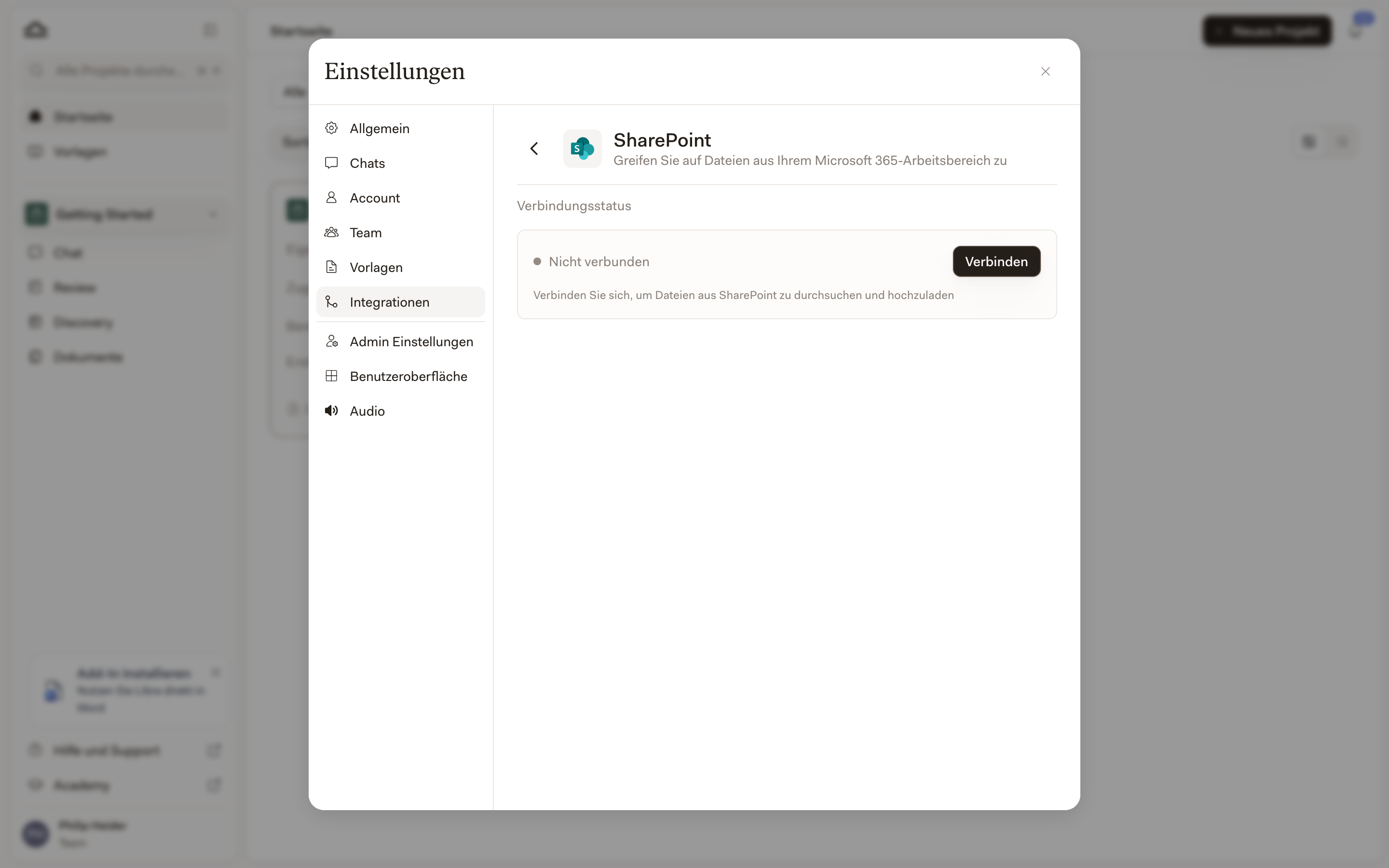 Das SharePoint-Integrationsfeld mit dem Verbindungsstatus „Nicht mit SharePoint verbunden” und einer Schaltfläche „Verbinden”