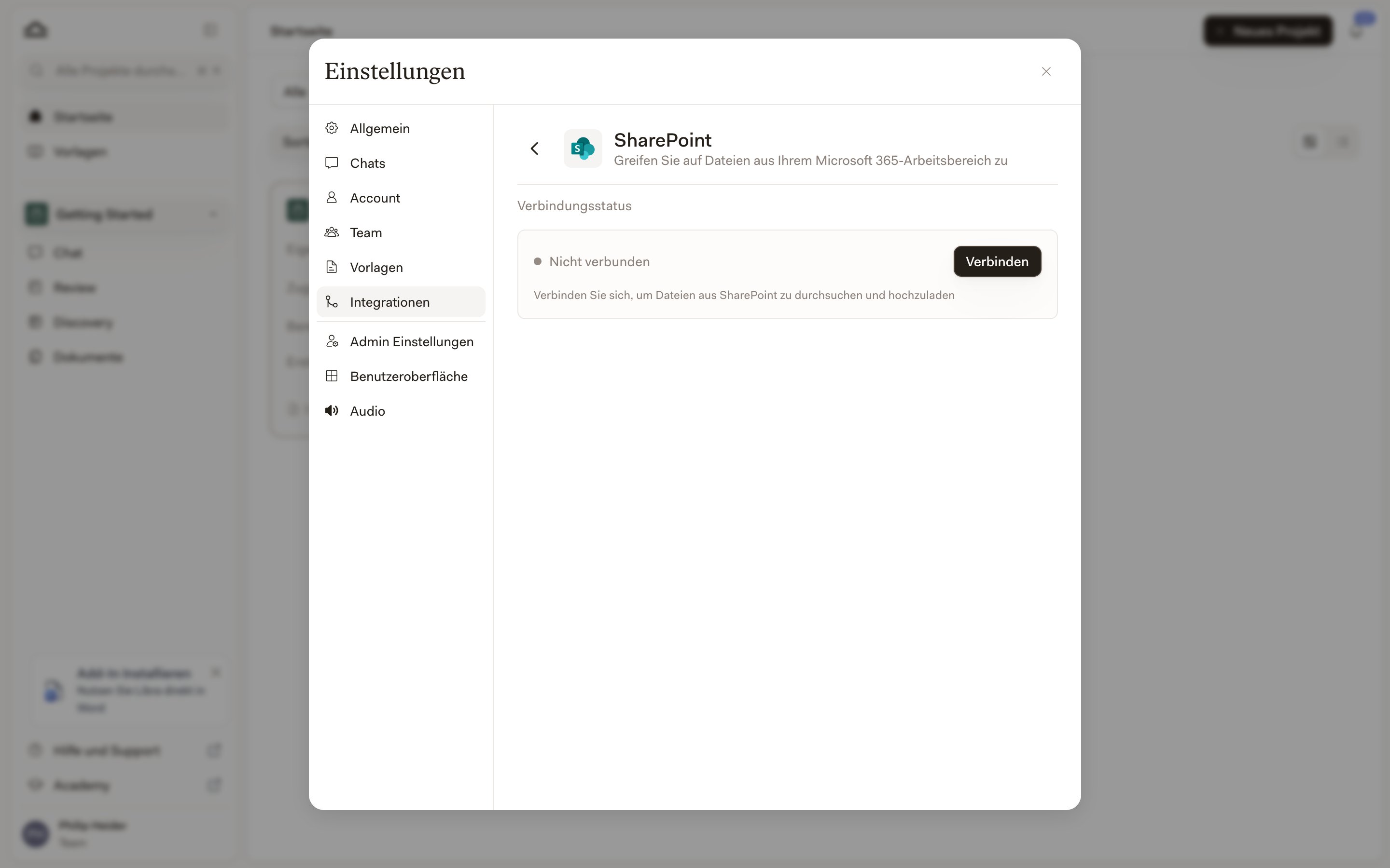 Das SharePoint-Integrationsfeld mit dem Verbindungsstatus „Nicht mit SharePoint verbunden” und einer Schaltfläche „Verbinden”