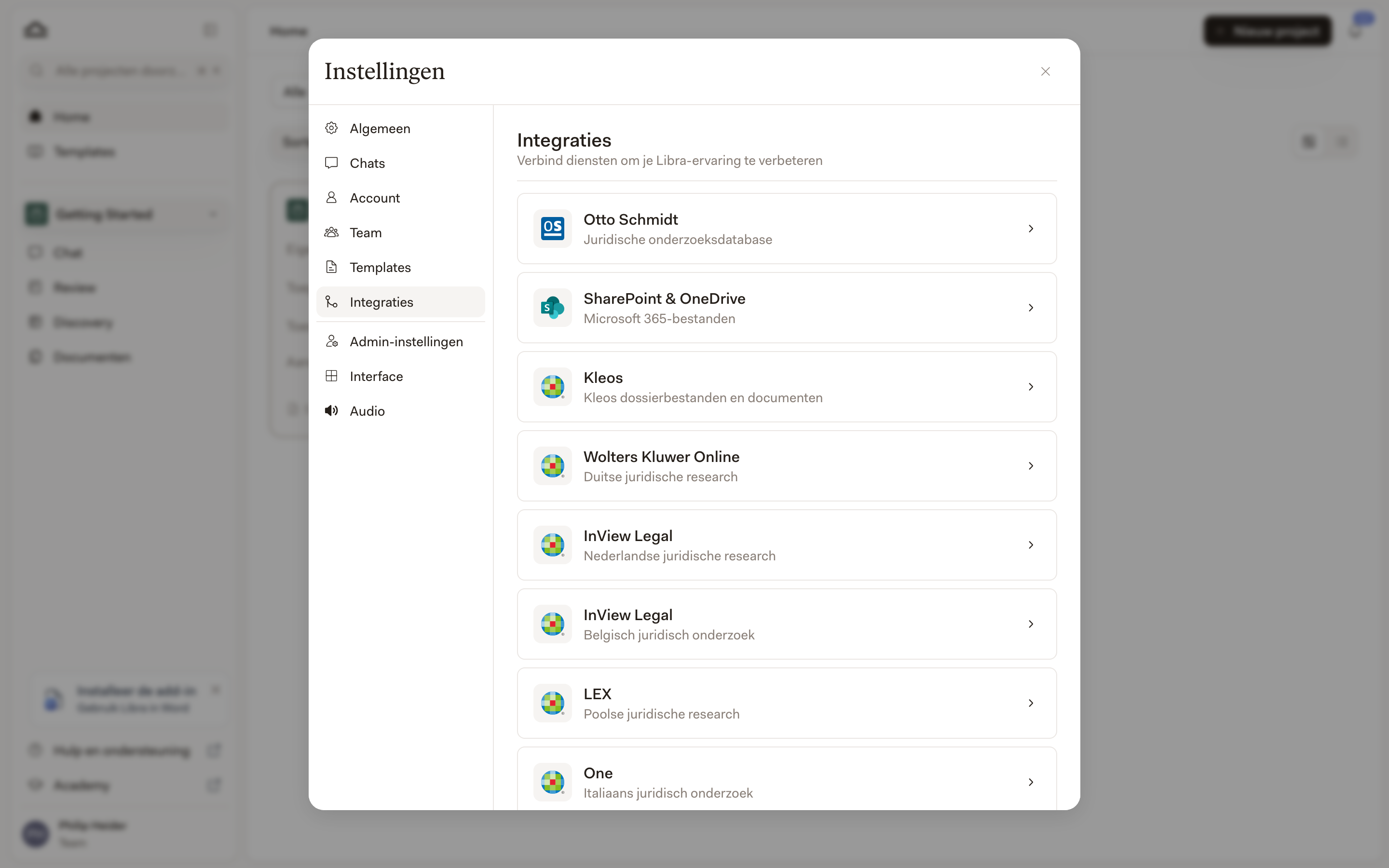 Het tabblad Integraties in Instellingen, met de rij Wolters Kluwer Online vermeld als Duits juridisch onderzoek