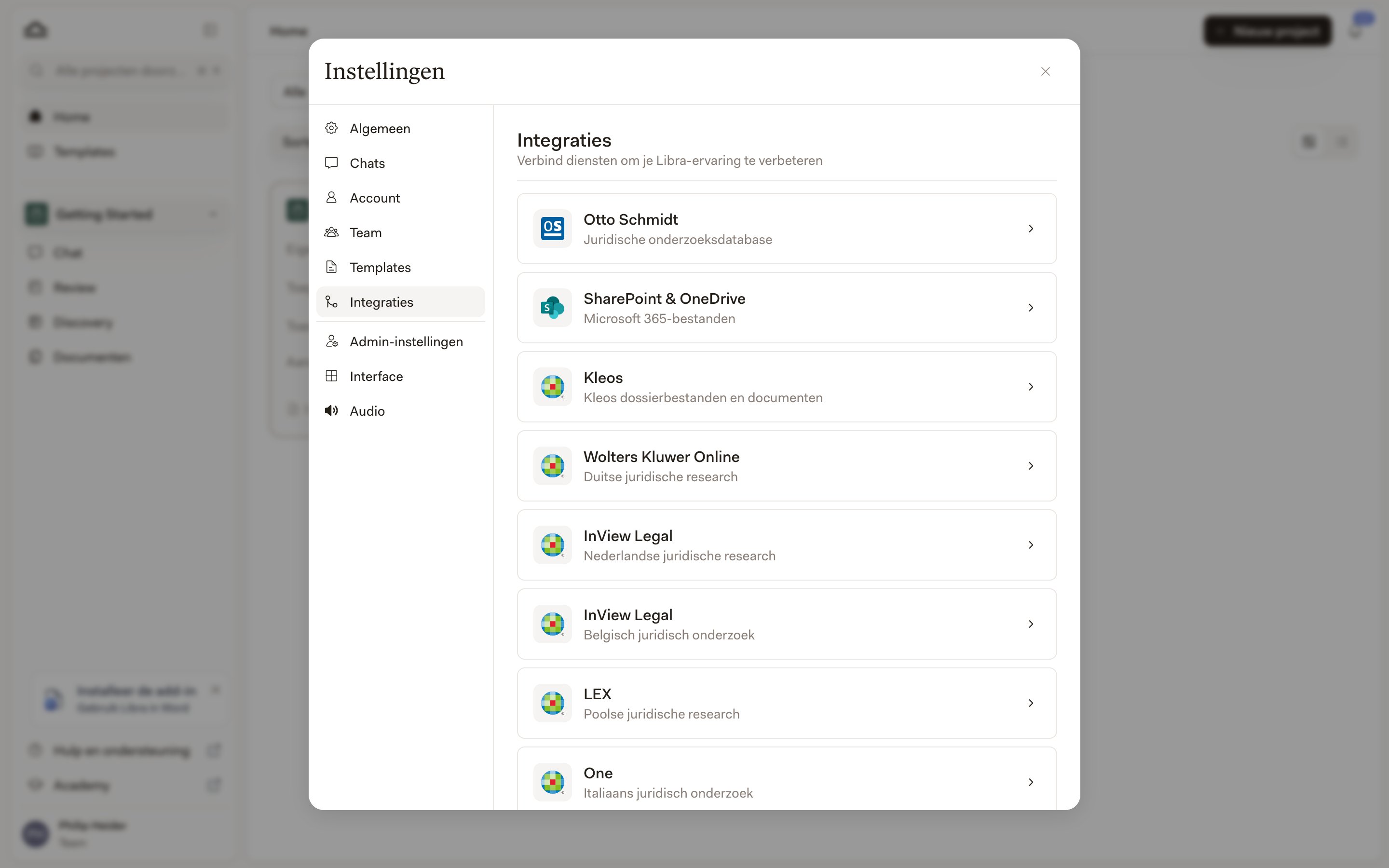 Het tabblad Integraties in Instellingen, met de rij Wolters Kluwer Online vermeld als Duits juridisch onderzoek