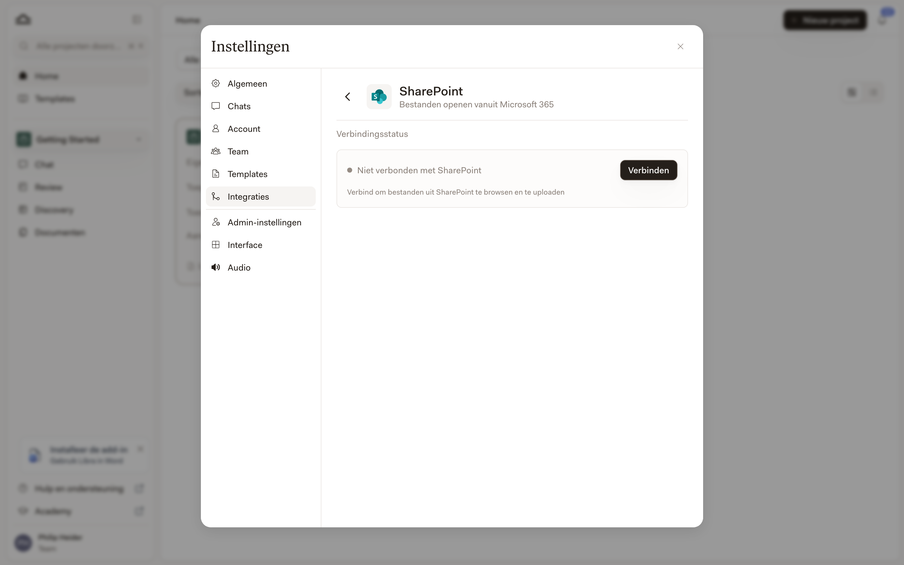 Het SharePoint-integratiepaneel met de verbindingsstatus Niet verbonden met SharePoint en een knop Verbinden