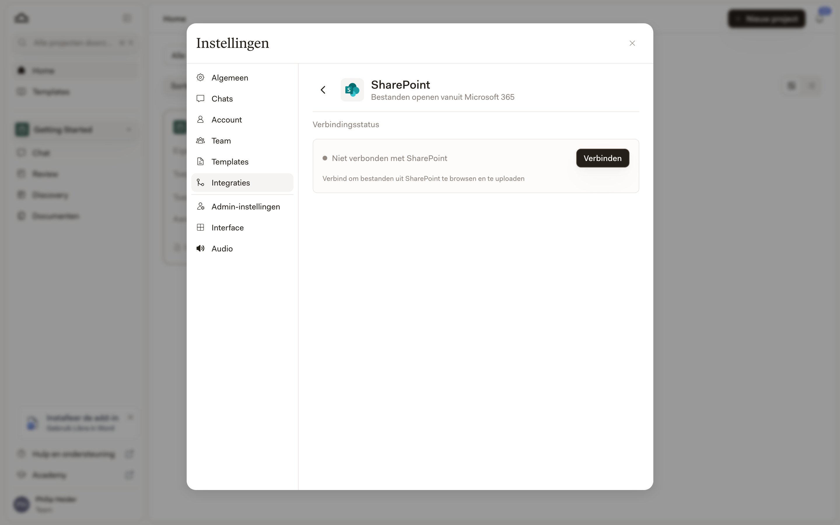Het SharePoint-integratiepaneel met de verbindingsstatus Niet verbonden met SharePoint en een knop Verbinden