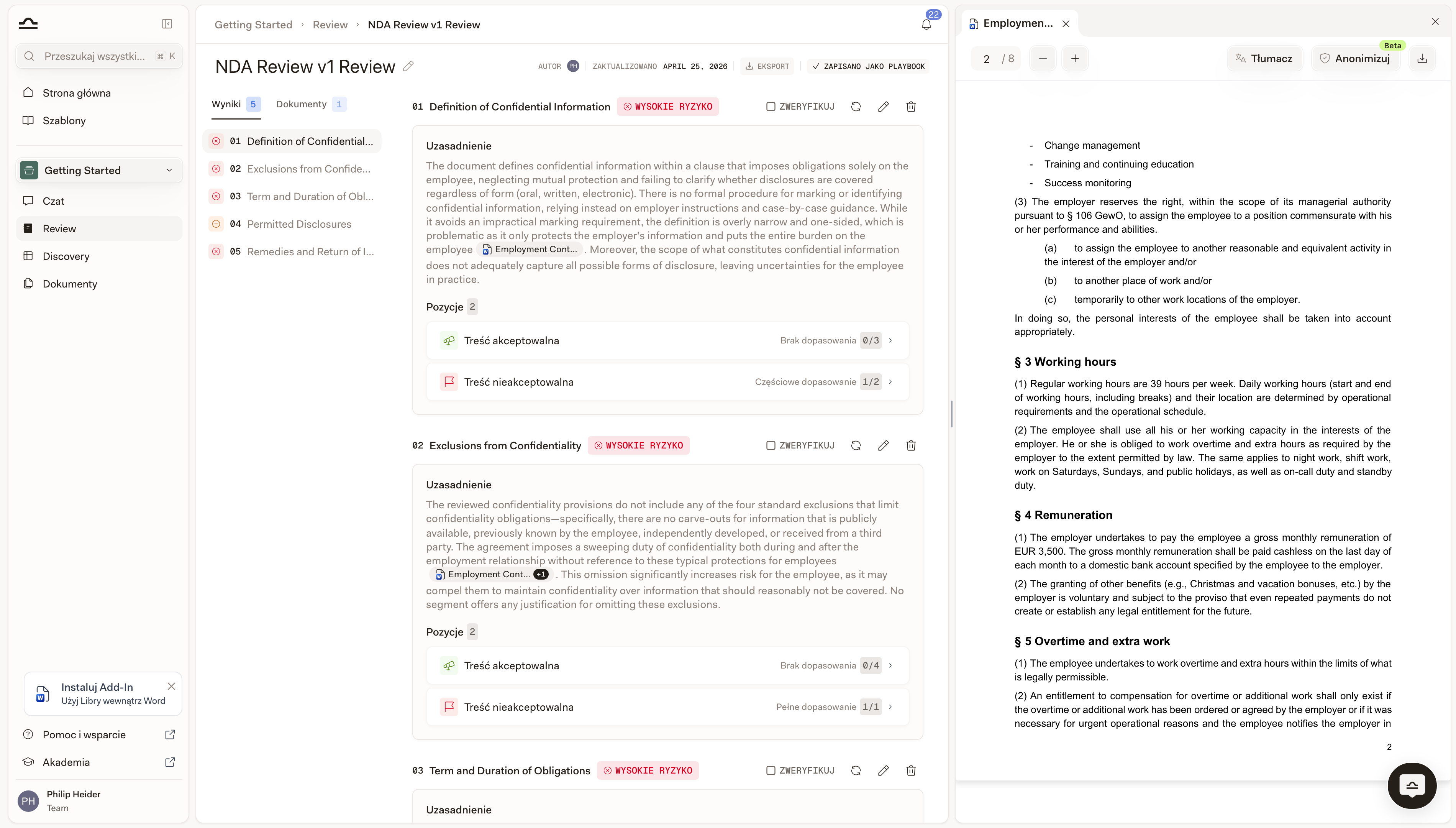Pełnoekranowy widok Review z numerowanymi Tematami, uzasadnieniem, Stanowiskami i plakietkami ryzyka