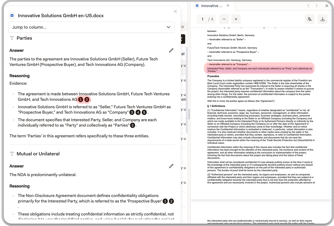 Discovery results table with sidebar showing source text and reasoning for an extraction