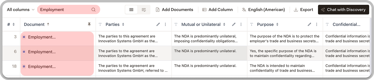 Discovery table with search results