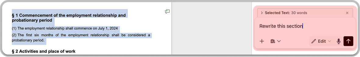 Chat in Edit mode ready for text revision request