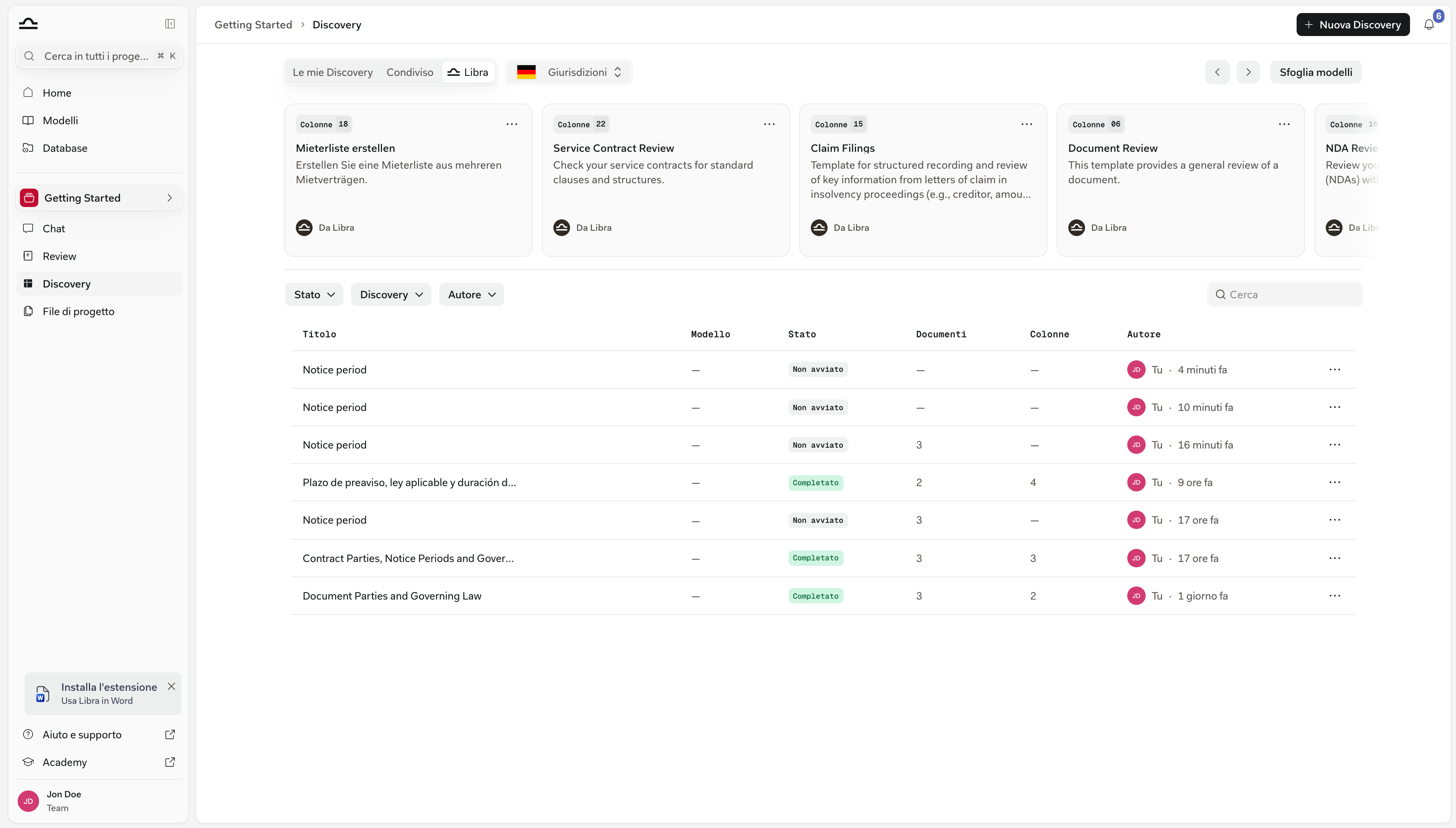 La scheda Libra della pagina Discovery all'interno di un progetto, che elenca i modelli Discovery come riquadri con i badge del numero di colonne e le righe dell'autore