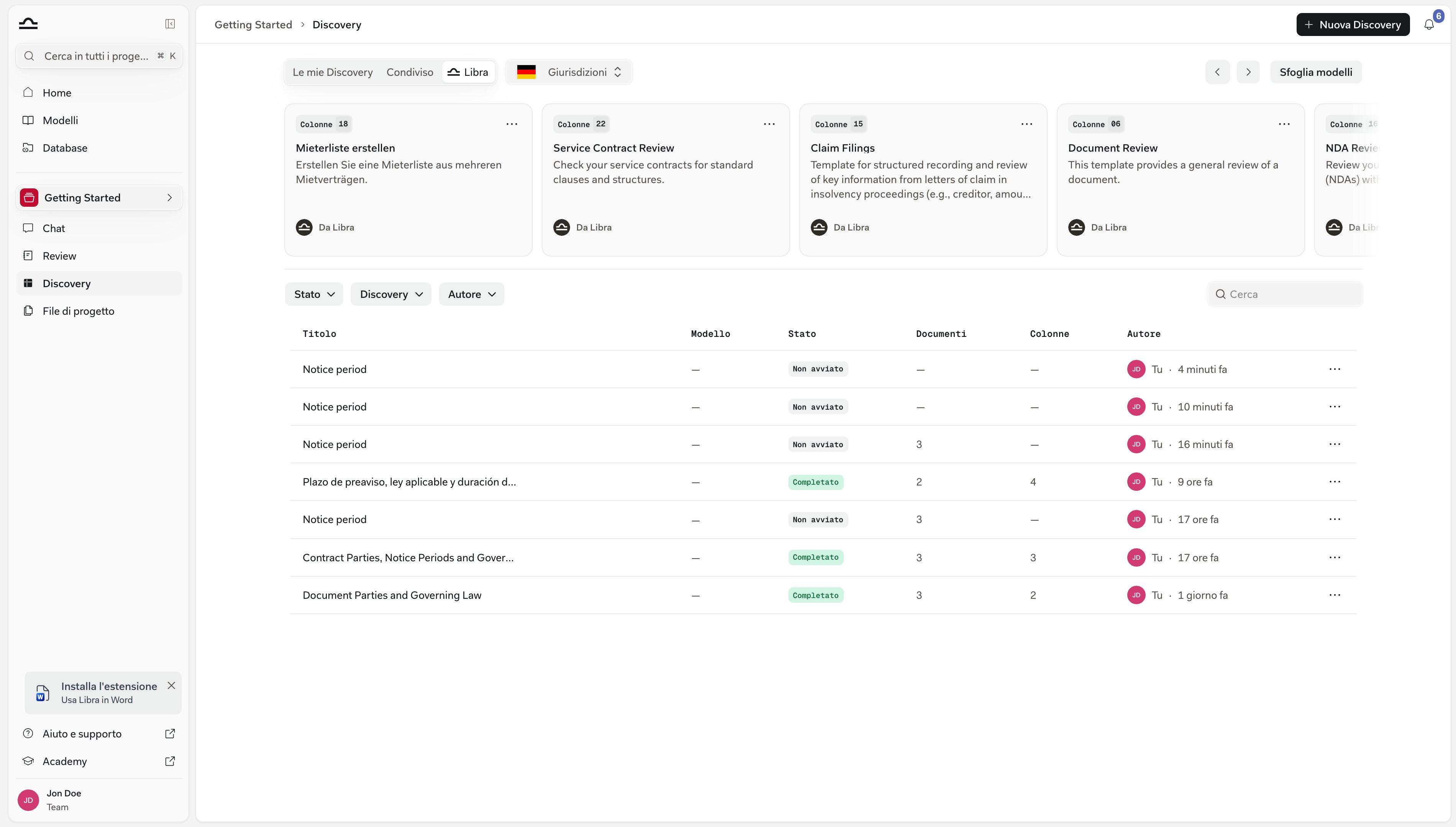 La scheda Libra della pagina Discovery all'interno di un progetto, che elenca i modelli Discovery come riquadri con i badge del numero di colonne e le righe dell'autore