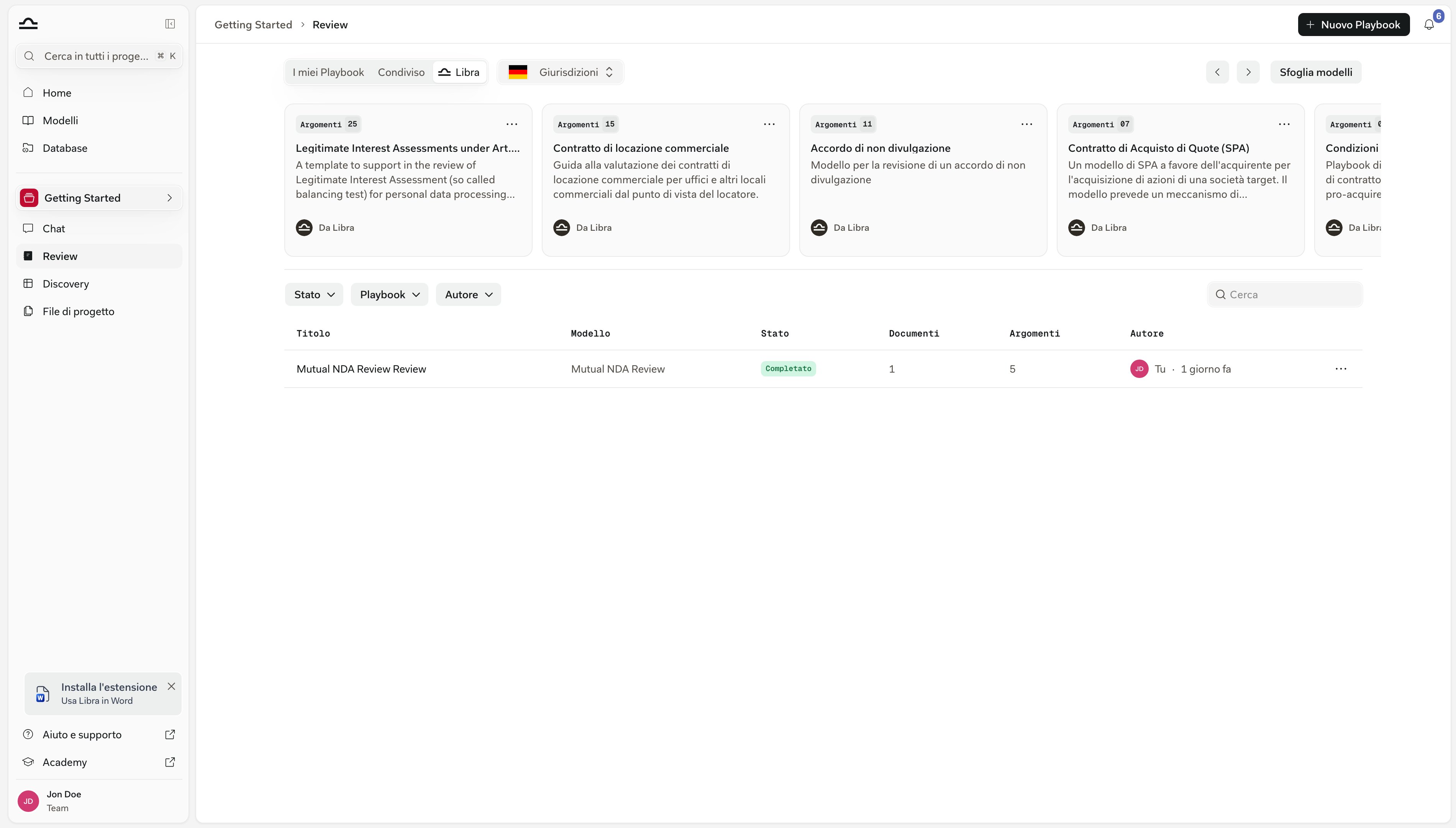 La pagina Review con le schede I miei Playbook / Condivisi / Libra, le schede dei Playbook con i badge ARGOMENTI, i pulsanti Nuovo Playbook e Sfoglia modelli, e la tabella delle esecuzioni sottostante con i filtri Stato, Playbook e Autore e un'esecuzione completata di una Review di un NDA reciproco