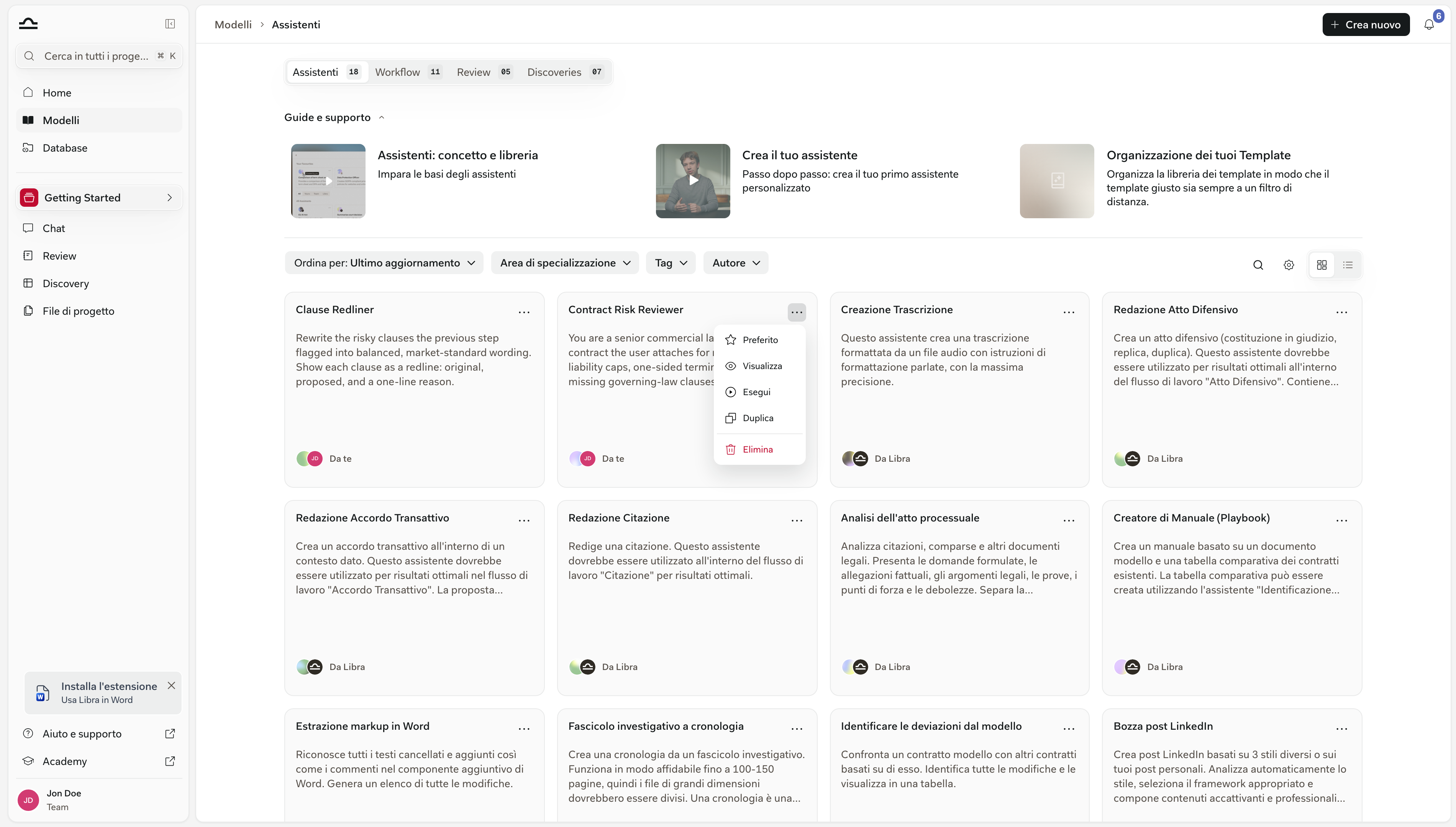 Riquadro del modello con il menu Altre opzioni aperto, che mostra Preferito, Visualizza, Esegui, Duplica ed Elimina