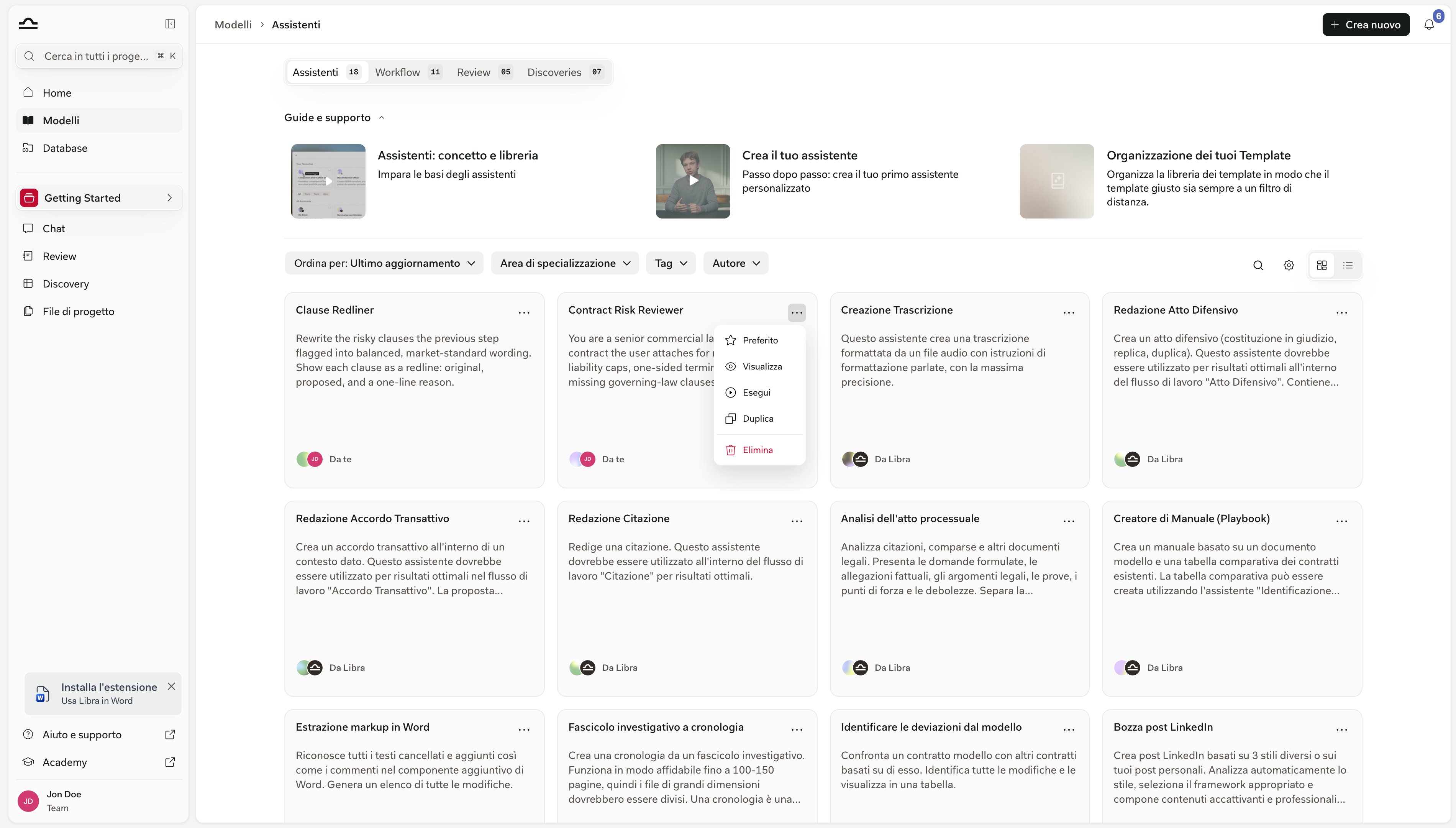 Riquadro del modello con il menu Altre opzioni aperto, che mostra Preferito, Visualizza, Esegui, Duplica ed Elimina
