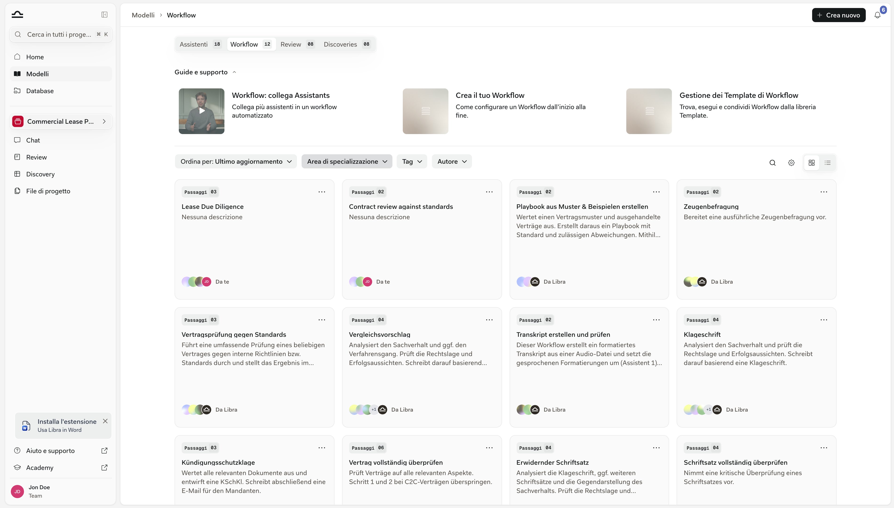 Libreria dei Modelli aperta nella scheda Workflows, con i riquadri dei Workflow e il relativo numero di passaggi e il pulsante Crea nuovo in alto a destra