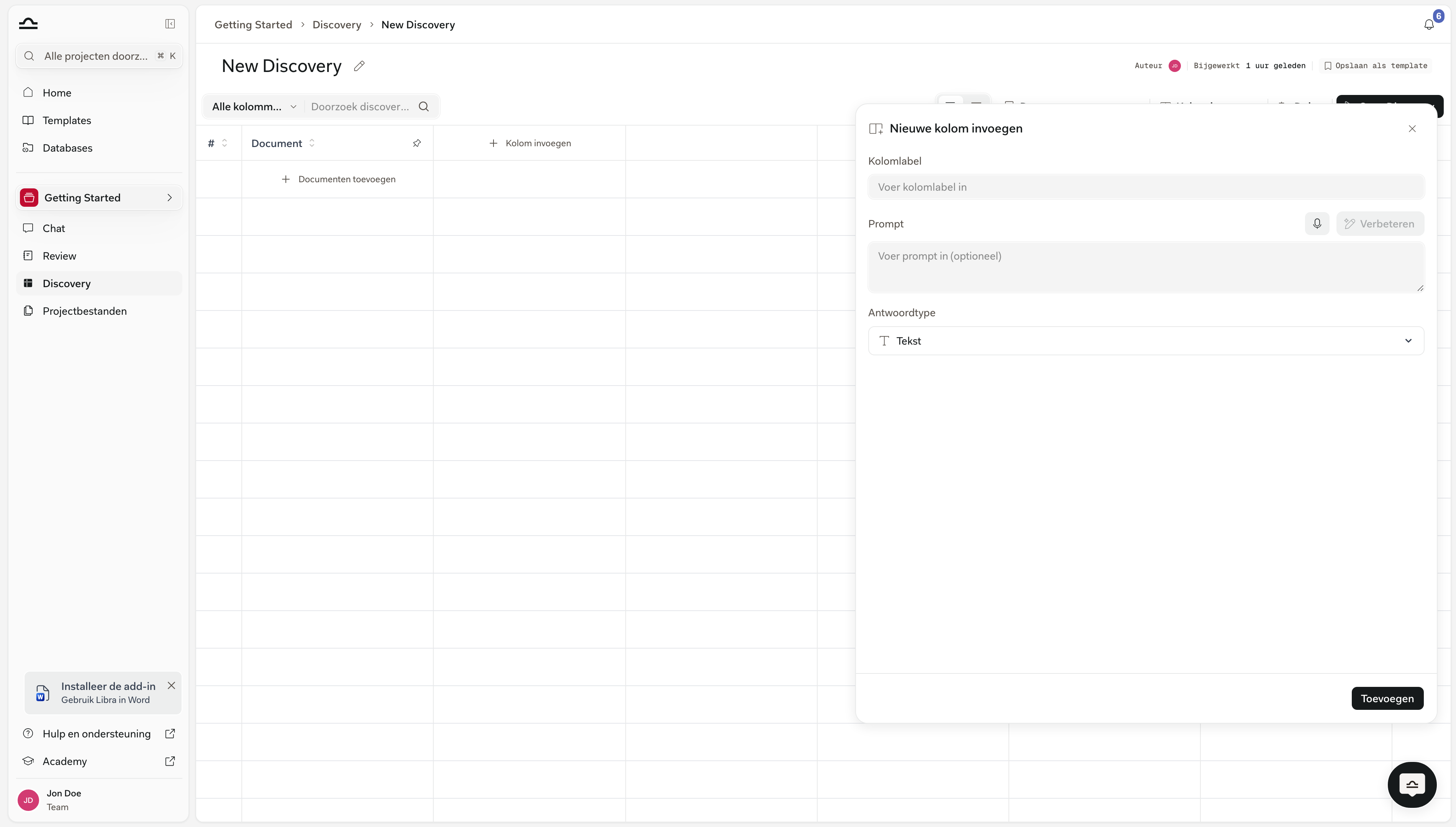 Paneel Add New Column met de velden Column Label, Prompt en Answer Type