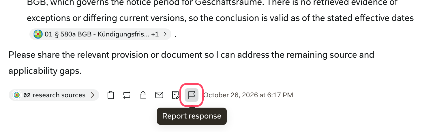 Action bar below a chat response, with the flag icon highlighted and its Report response tooltip showing