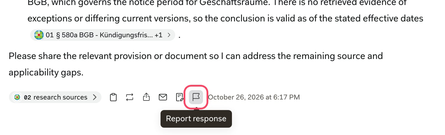 Action bar below a chat response, with the flag icon highlighted and its Report response tooltip showing