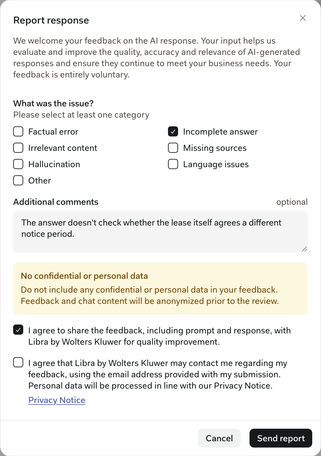 Report response form with Incomplete answer ticked, a comment filled in, and the share consent checked