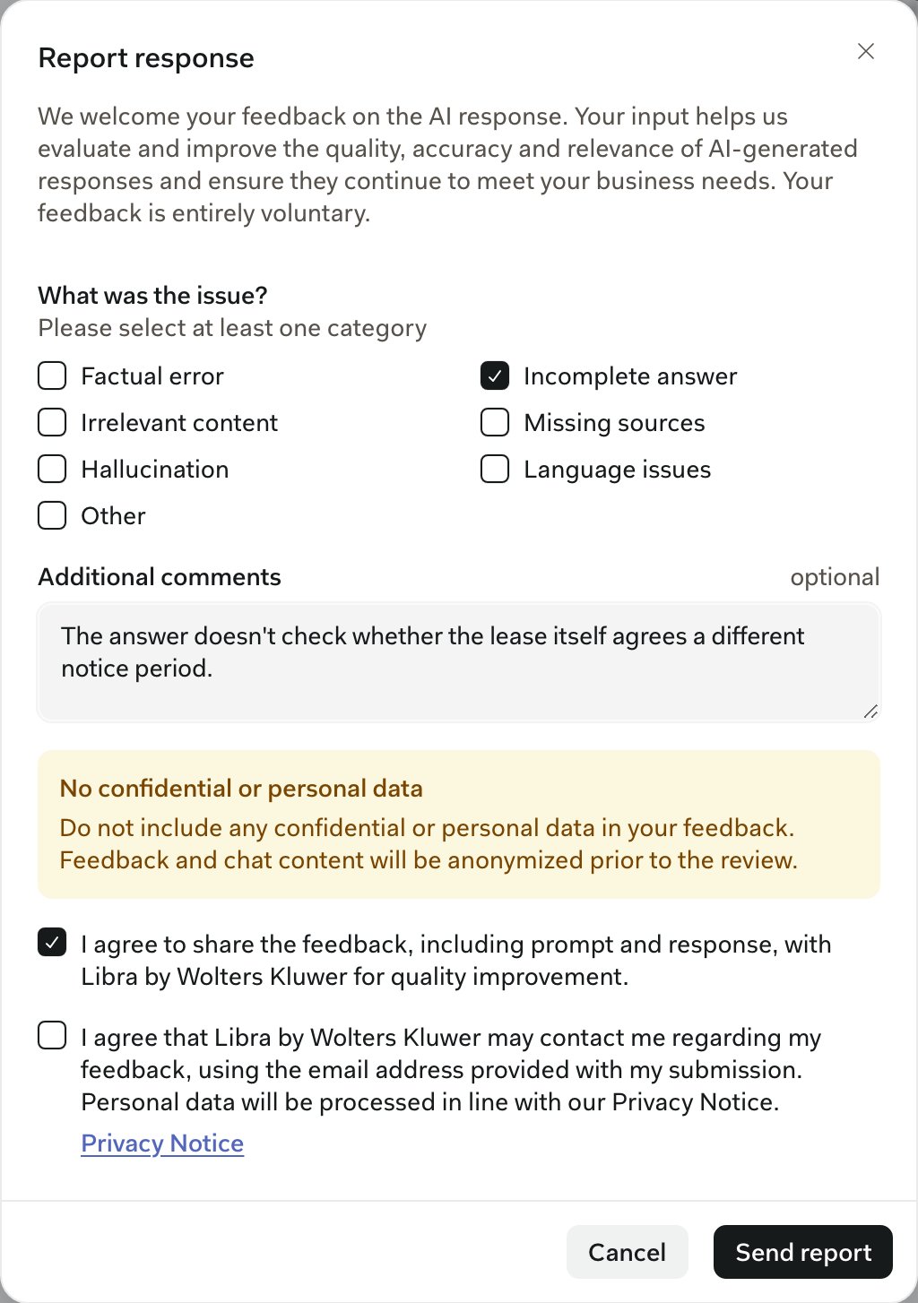 Report response form with Incomplete answer ticked, a comment filled in, and the share consent checked