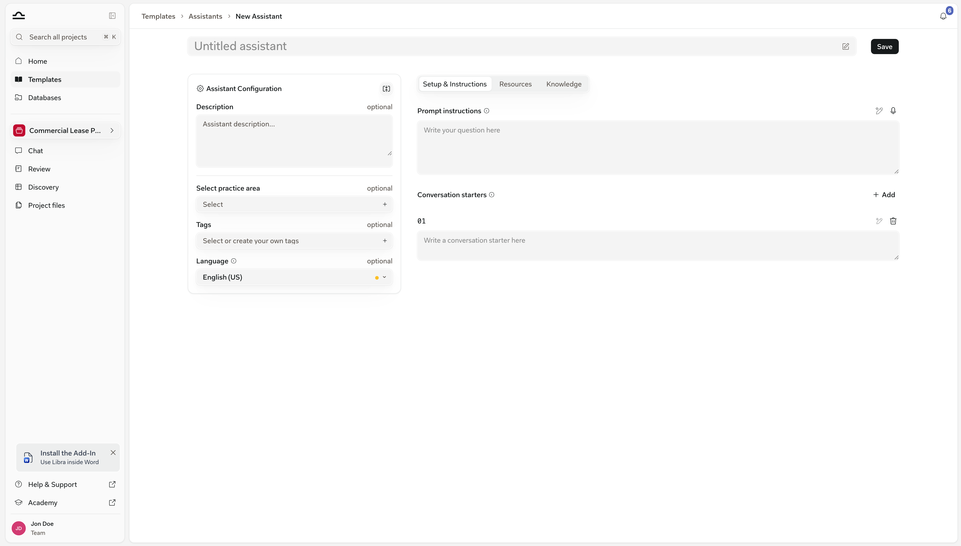 Der leere Assistant-Editor im aktuellen Build mit dem Panel „Assistant-Konfiguration” und den drei Registerkarten Einrichtung & Anweisungen / Ressourcen / Wissen