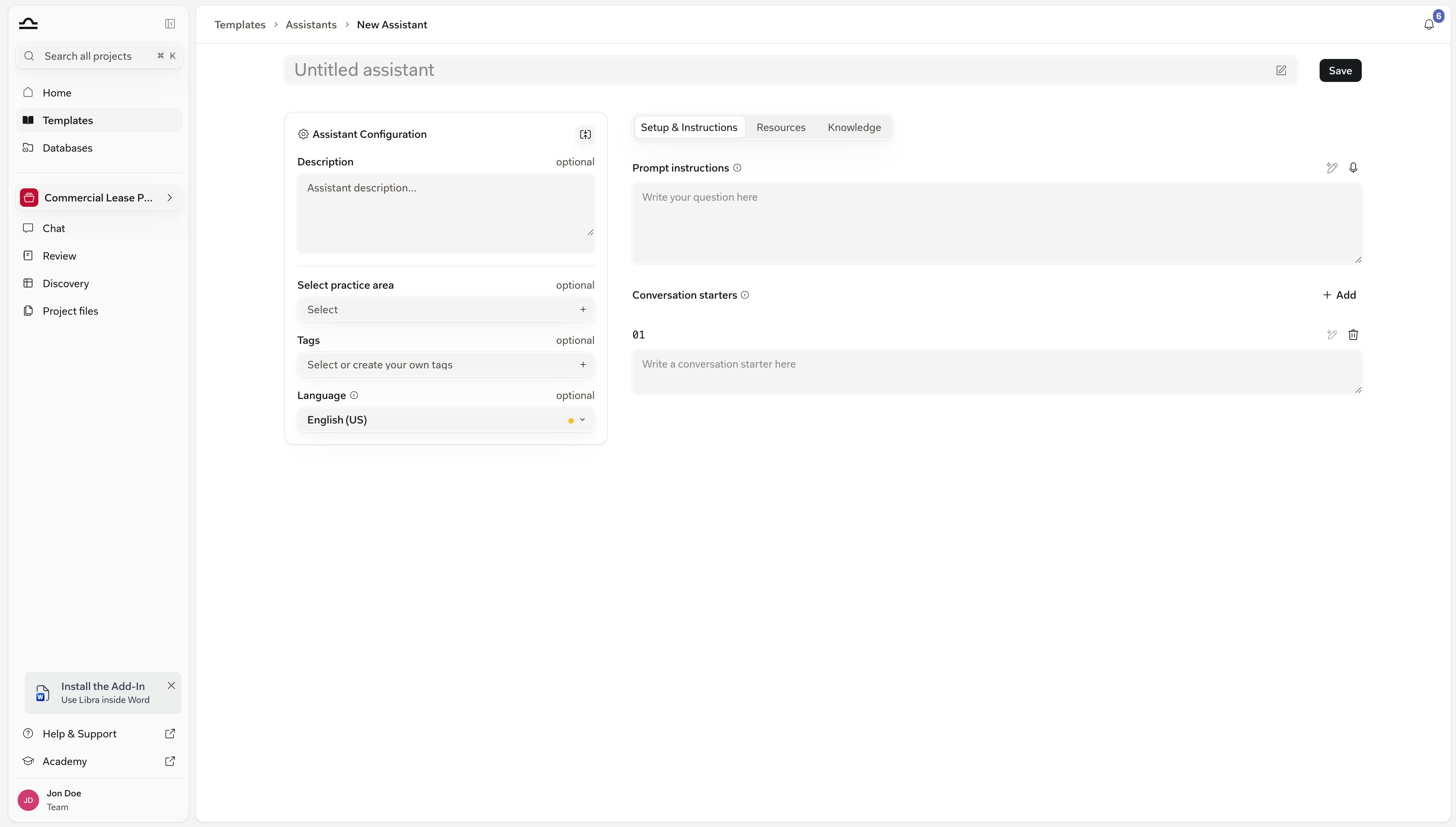 El editor de Assistant vacío en la versión actual, con el panel Configuración del Assistant y las tres pestañas Configuración e instrucciones / Recursos / Conocimiento