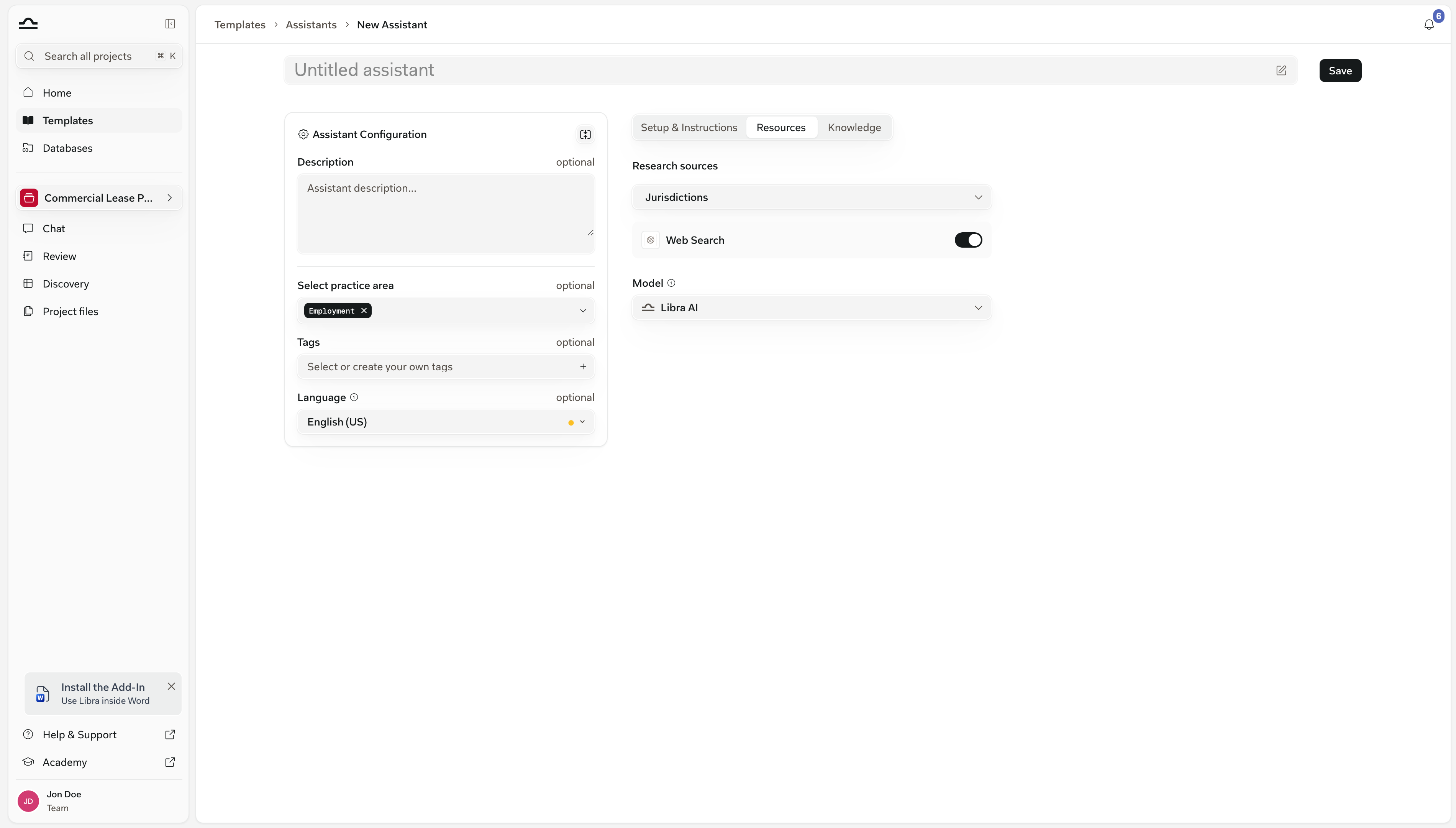 Die Registerkarte „Ressourcen” des Assistant-Editors mit der Überschrift „Recherchequellen”, dem Dropdown-Menü „Jurisdiktionen”, dem Schalter „Websuche” und der Modellauswahl
