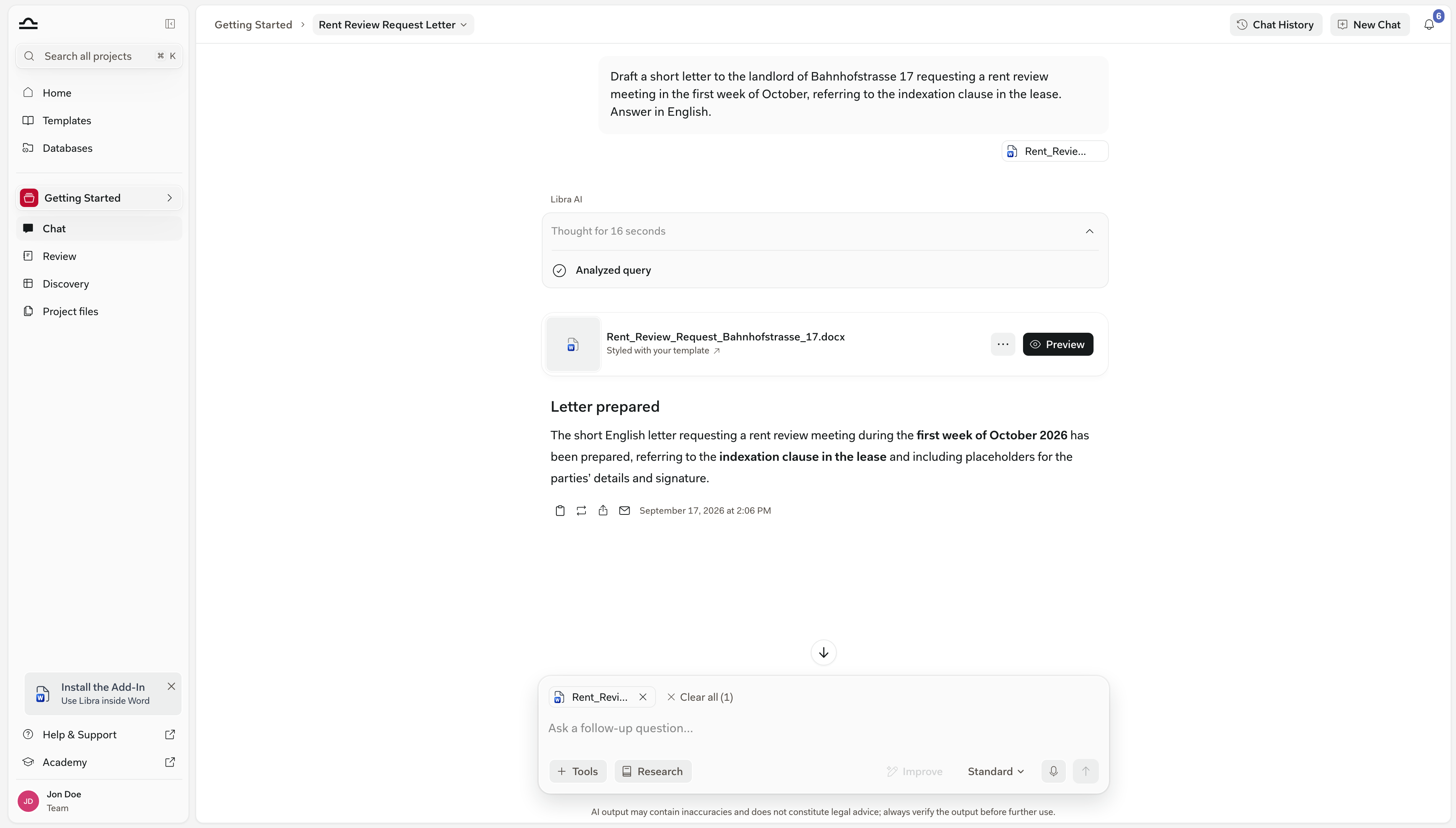 Die eingebettete Word-Dokument-Karte in einer Chat-Antwort: der Dateiname, der Hinweis „Mit Ihrer Vorlage gestaltet”, die Schaltfläche Vorschau und das ⋯-Menü