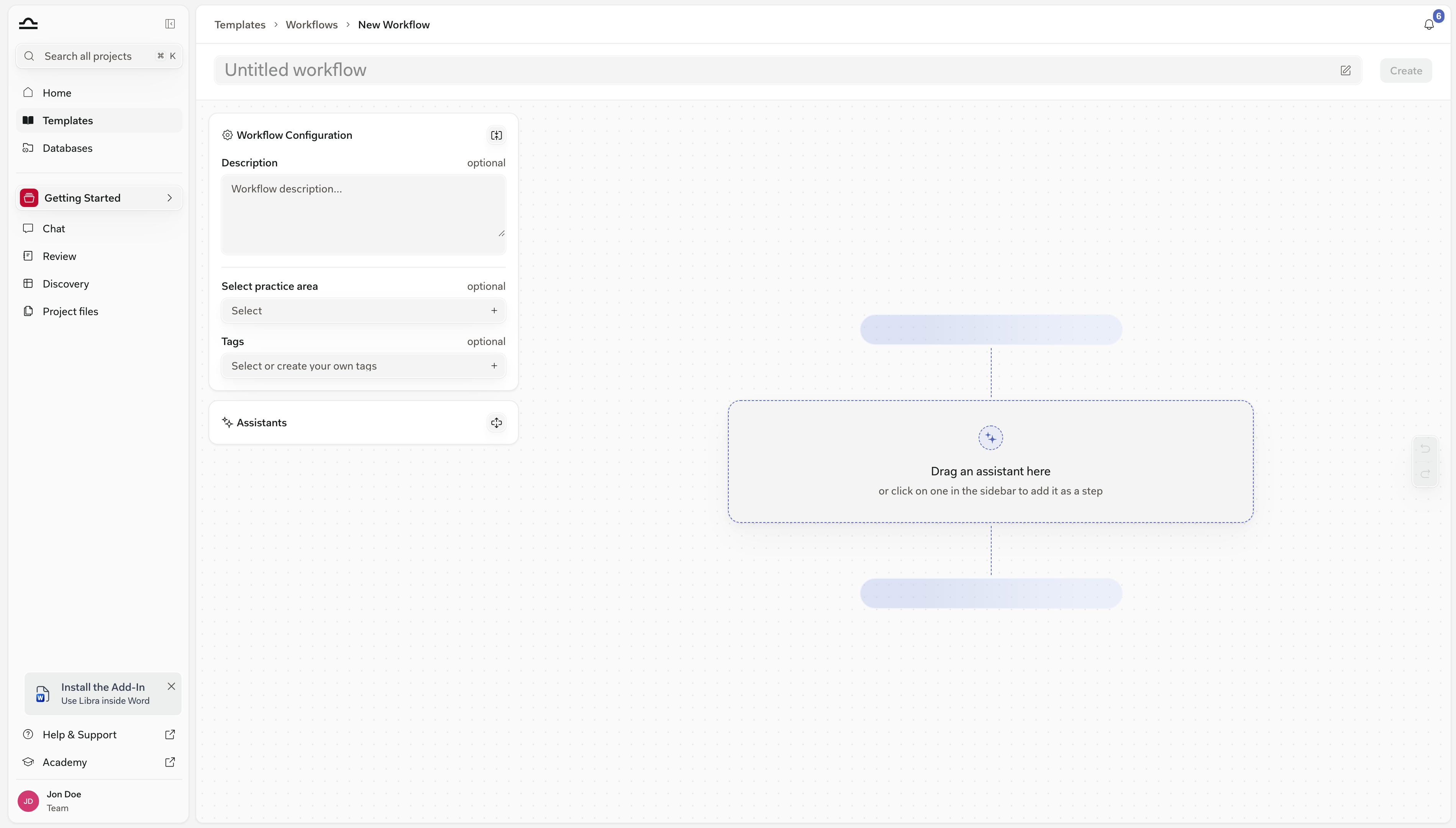 Pusty edytor Workflow – nagłówek z polem Workflow bez nazwy i przyciskiem Utwórz, lewa kolumna (Konfiguracja Workflow nad Assistants), pusta kanwa z paskiem cofnij/ponów; png poprzedza obecny nagłówek i nadal pokazuje…